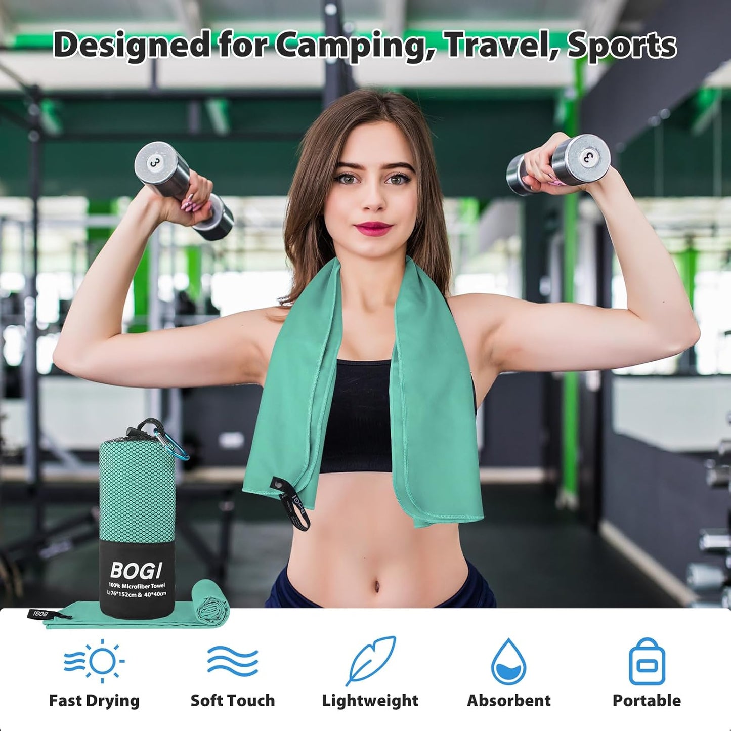 BOGI Microfiber Travel Sports Towel-Quick Dry Travel Towel,Soft Lightweight Absorbent Compact Sports Towel for Camping Gym Beach Bath Yoga Swimming Backpacking (S:16''x32'',2Pcs-Mint)