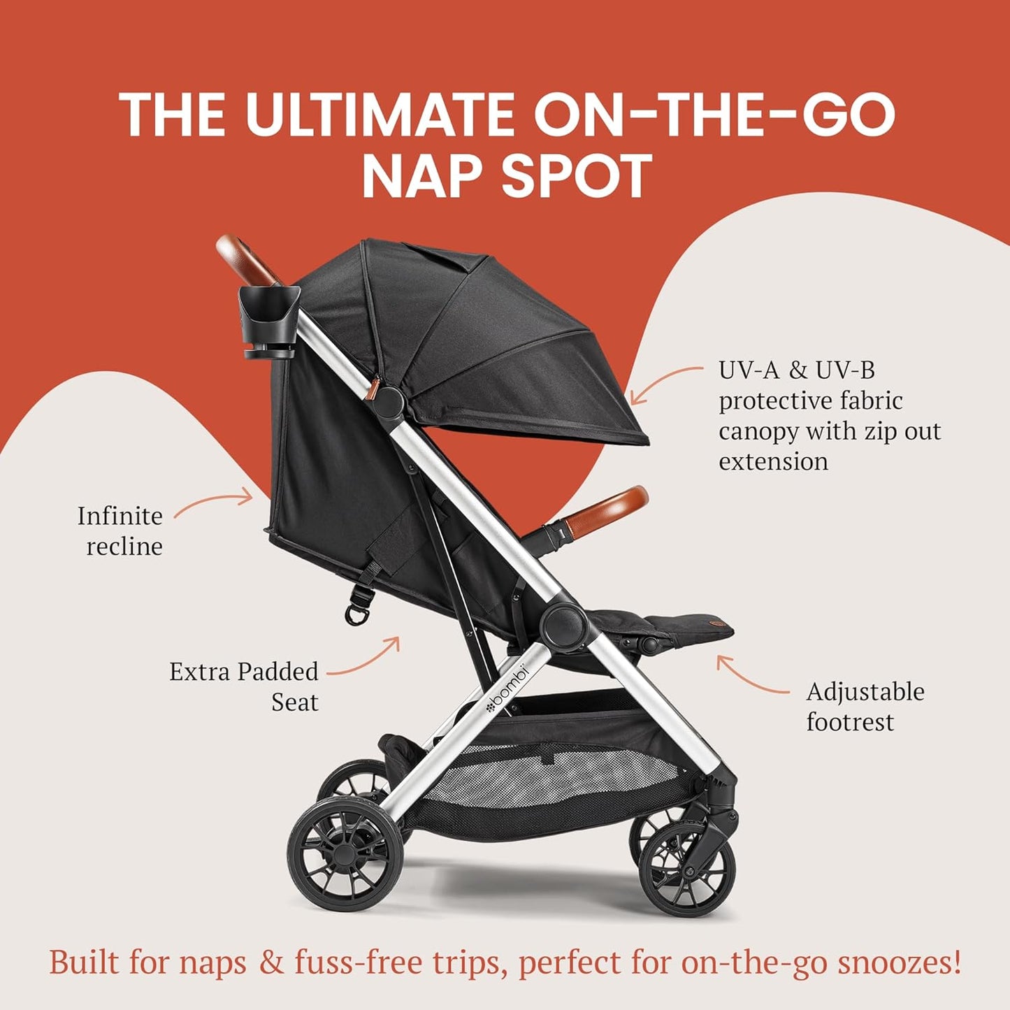 Bombi Bēbee V2 Lightweight Baby Stroller - Premium Vegan Leather, One-Hand Fold, Infinite Recline, Aircraft-Grade Aluminum Frame, XXL Canopy, and Ample Storage Umbrella Stroller - Stone Gray