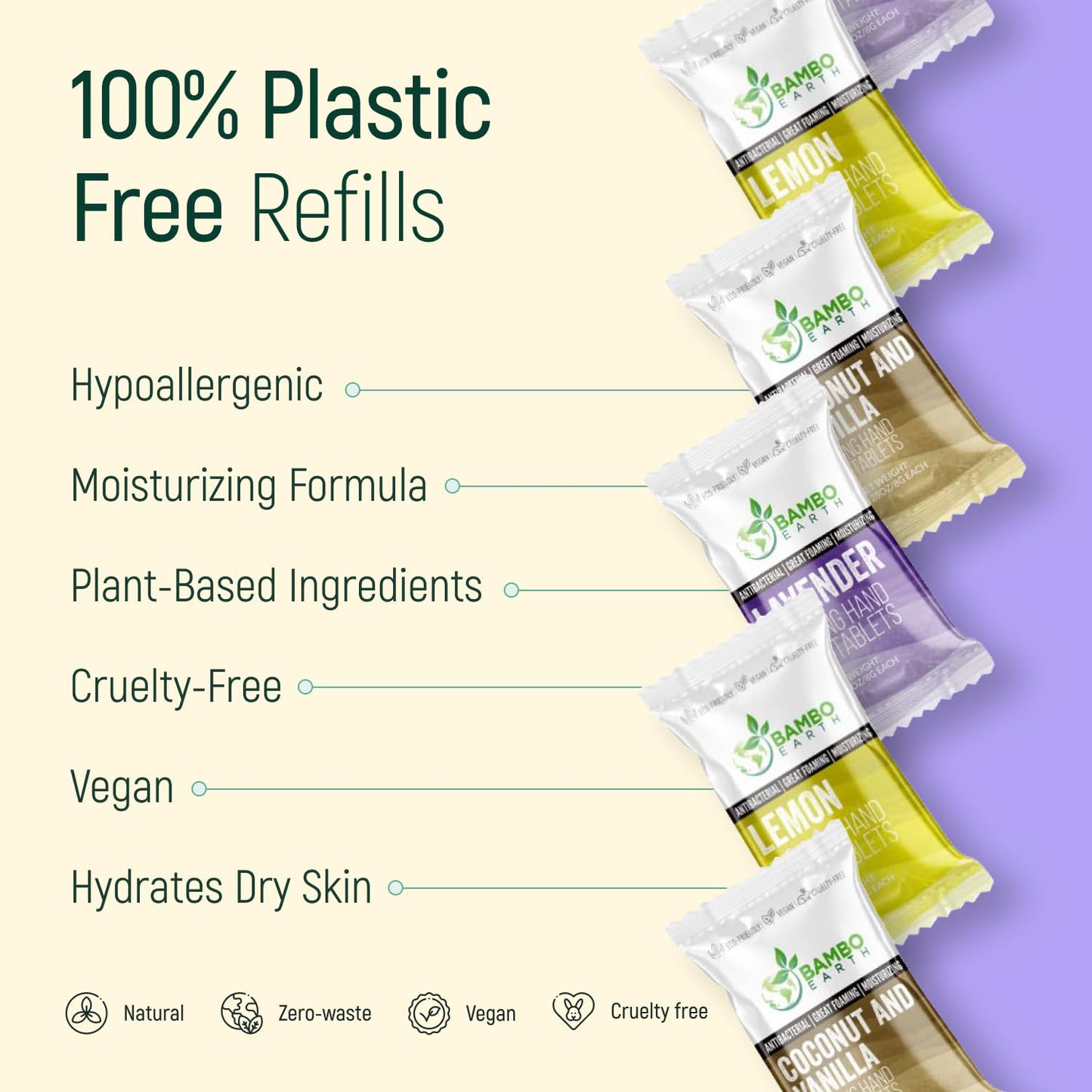 18 Pack Natural Foaming Hand Soap Tablets - Soft Moisturizing Handwash Tab Refills - 1 Tablet = 9 Oz Refillable Liquid Wash Foam Handsoap - Eco-Friendly Paper Softsoap Refill Tabs (Coconut & Vanilla)