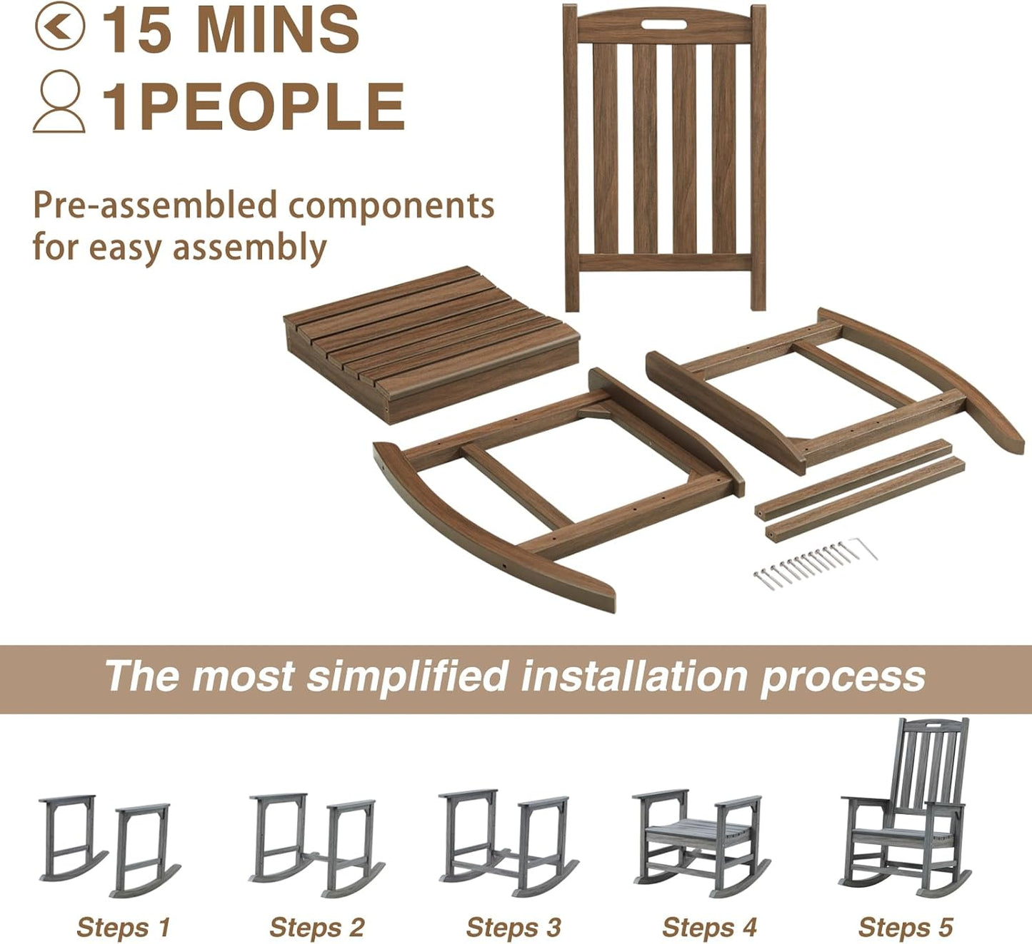 Psilvam Outdoor Rocking Chair Set of 2, Poly Lumber Oversized Rocking Chair with 21" Wide Seat and 32" Tall Backrest, Pre-Assembled with Most Components for Effortless Installation(Bright Brown)