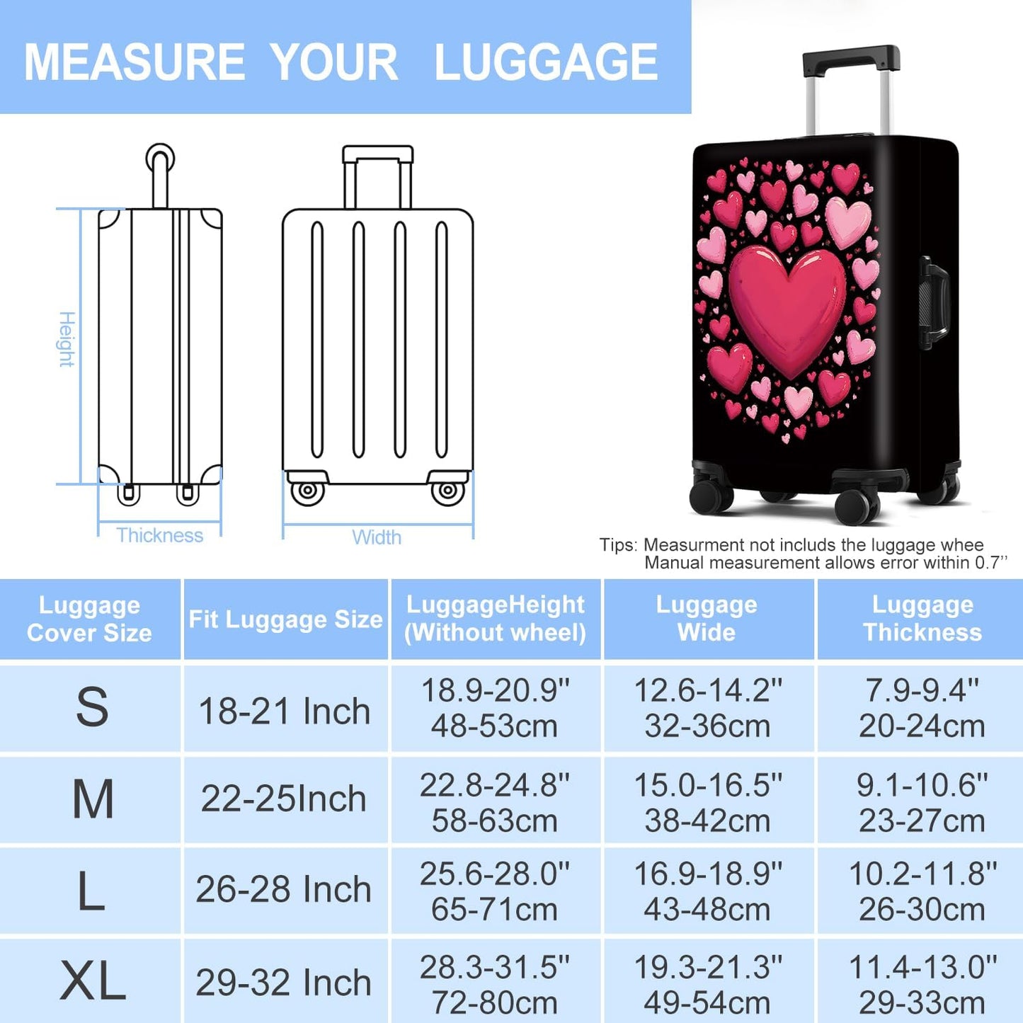 Luggage Cover Washable Suitcase Protector Anti-Scratch,Stretchable Fit for 20-34Inch Luggage Durable Travel Bag Cover with Zipper Closure (Heart, M(fits 24-26Inch suitcase))