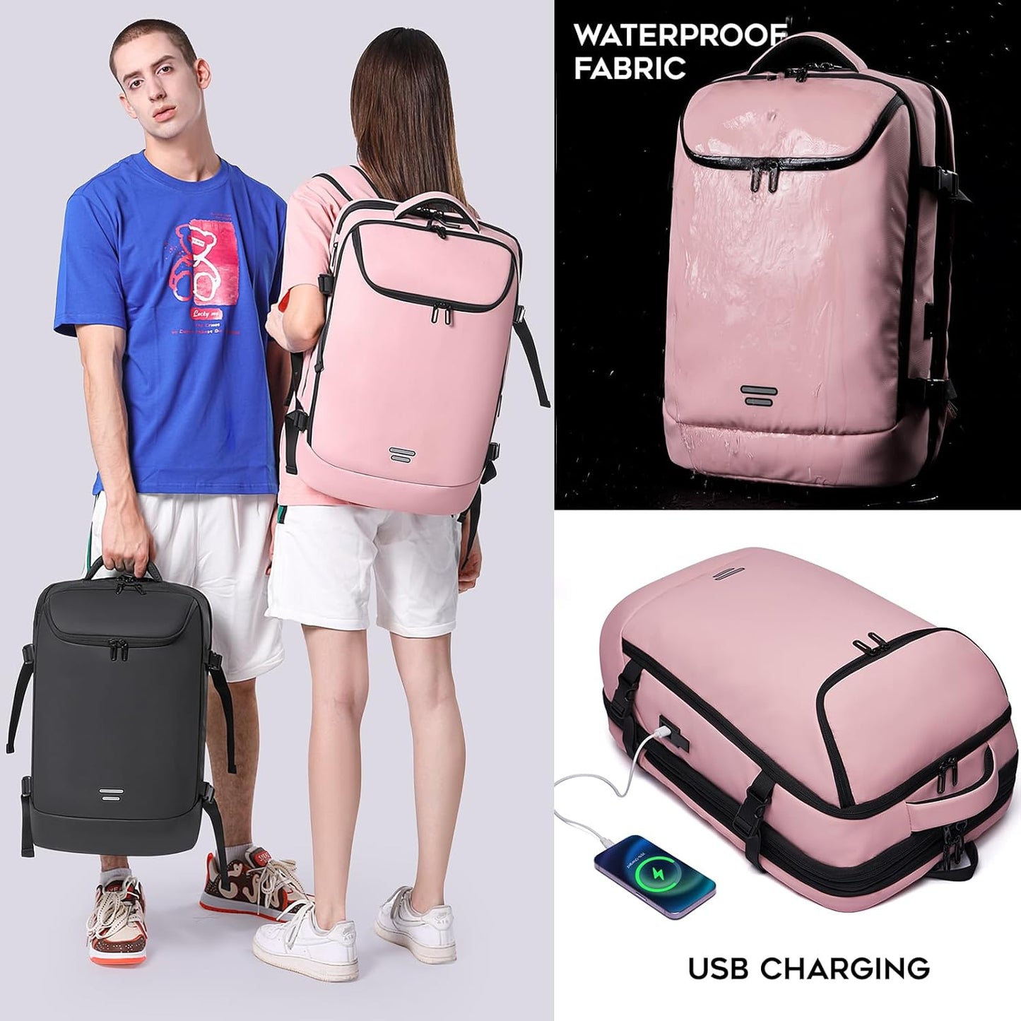 Travel Backpack for Women, 50L Carry On Backpack, Expandable Flight Approved Water Resistant Luggage with 3 Packing Cubes & USB Port, Laptop Backpack Fits 17.3 Inch Notebook