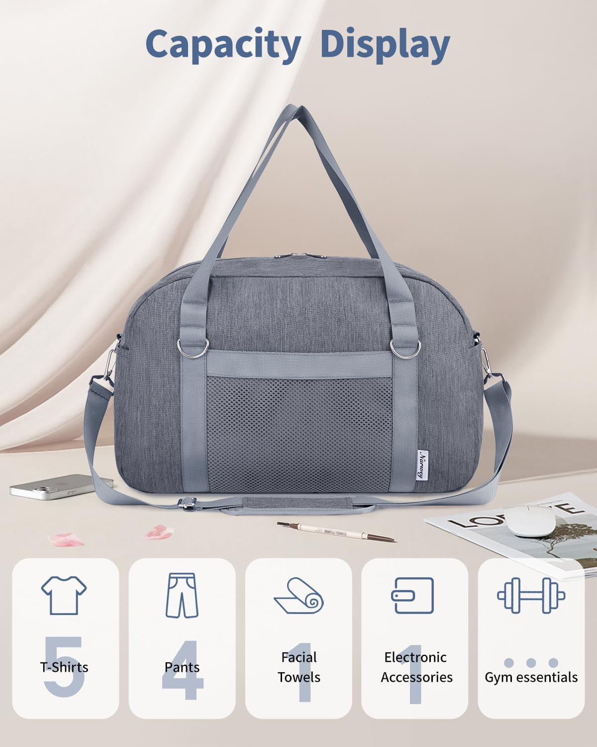 Narwey For Spirit Airlines Personal Item Bag 18x14x8, Small Duffle Bag for Travel, Duffel Bag for Traveling, Carry on Bag for Airplanes Underseat Overnight for Women and Men (Grey)