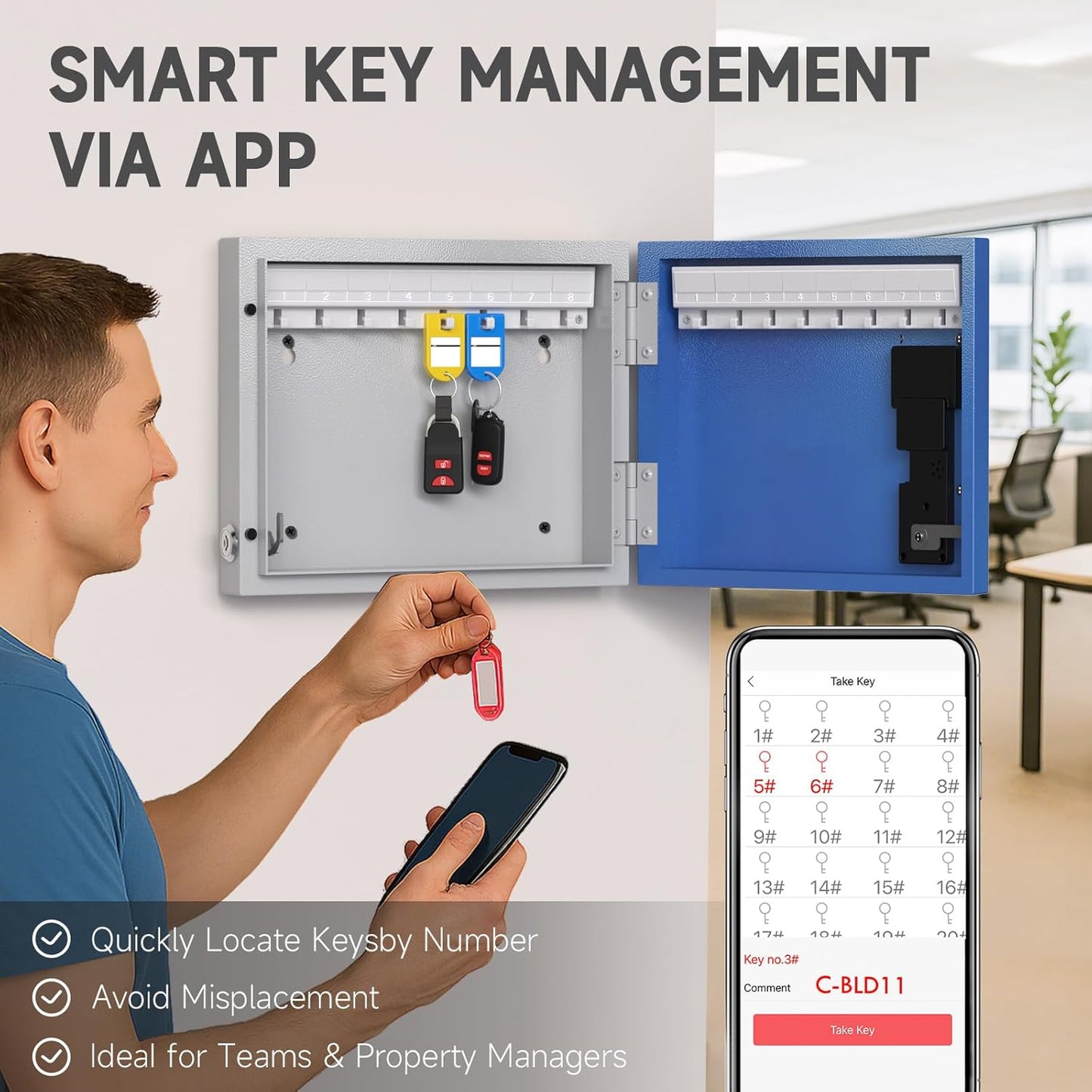 WeHere 16 Key Lock Box Wall Mount, Smart Key Cabinet with Key Tags, Bluetooth App Control, OTP & Password Unlock, Wi-Fi Remote Unlock (Bridge Sold Separately), Steel Key Safe for Office Home Business