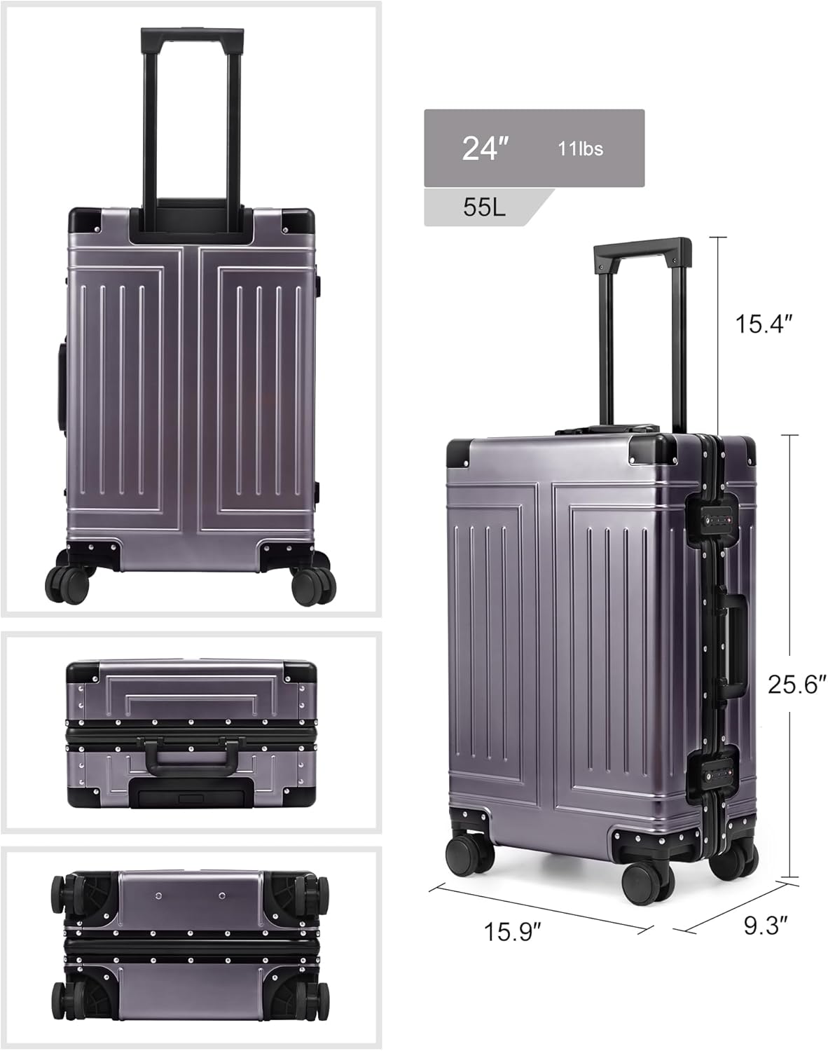 All Aluminum Carry On Luggage๏ผCut from Whole Aluminum Sheet๏ผ22x14x9 Airline Approved ๏ผ๏ผ3rd Generation๏ผPremium Metal zipperless suitcase ๏ผ (grey, 24inch)