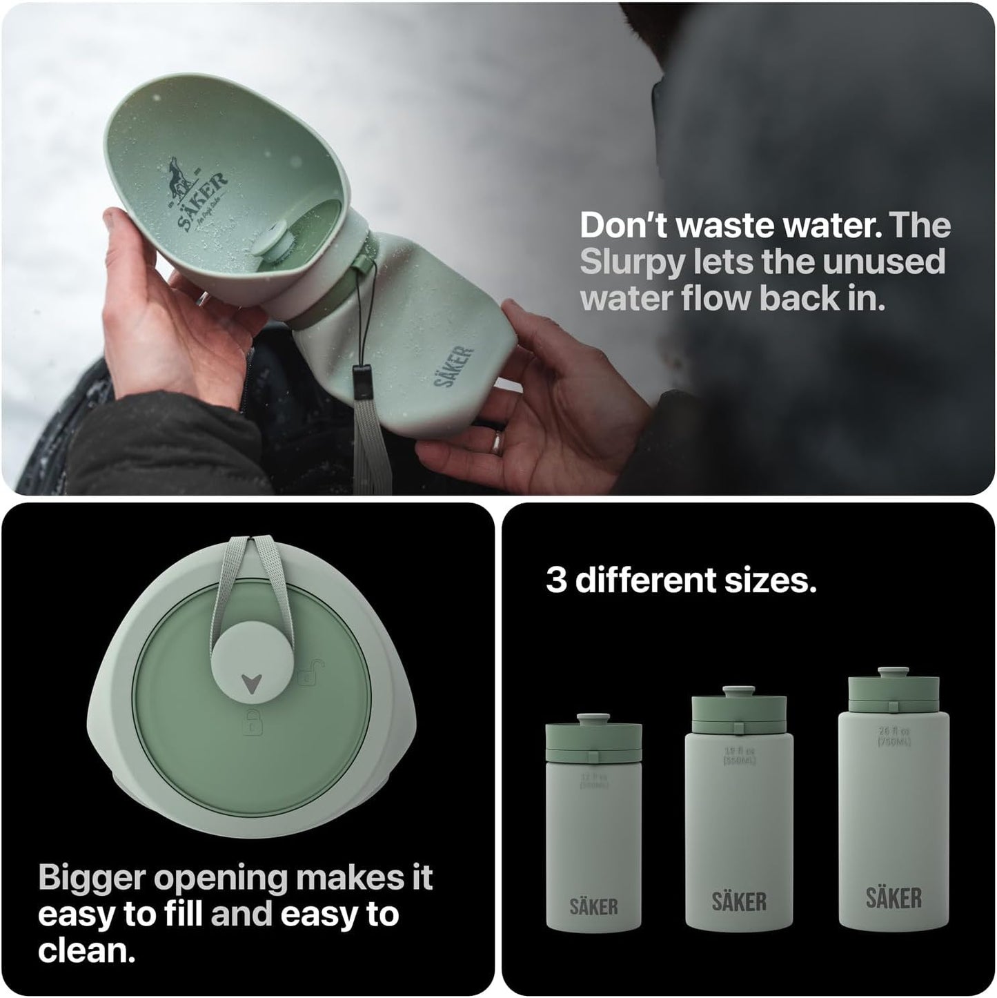 SÄKER Portable Dog Water Bottle, Collapsible Water Bottle for Dogs Perfect for Walking, Hiking and Outdoors | Works as a Portable Water Bowl | Designed in Montreal - 550ml