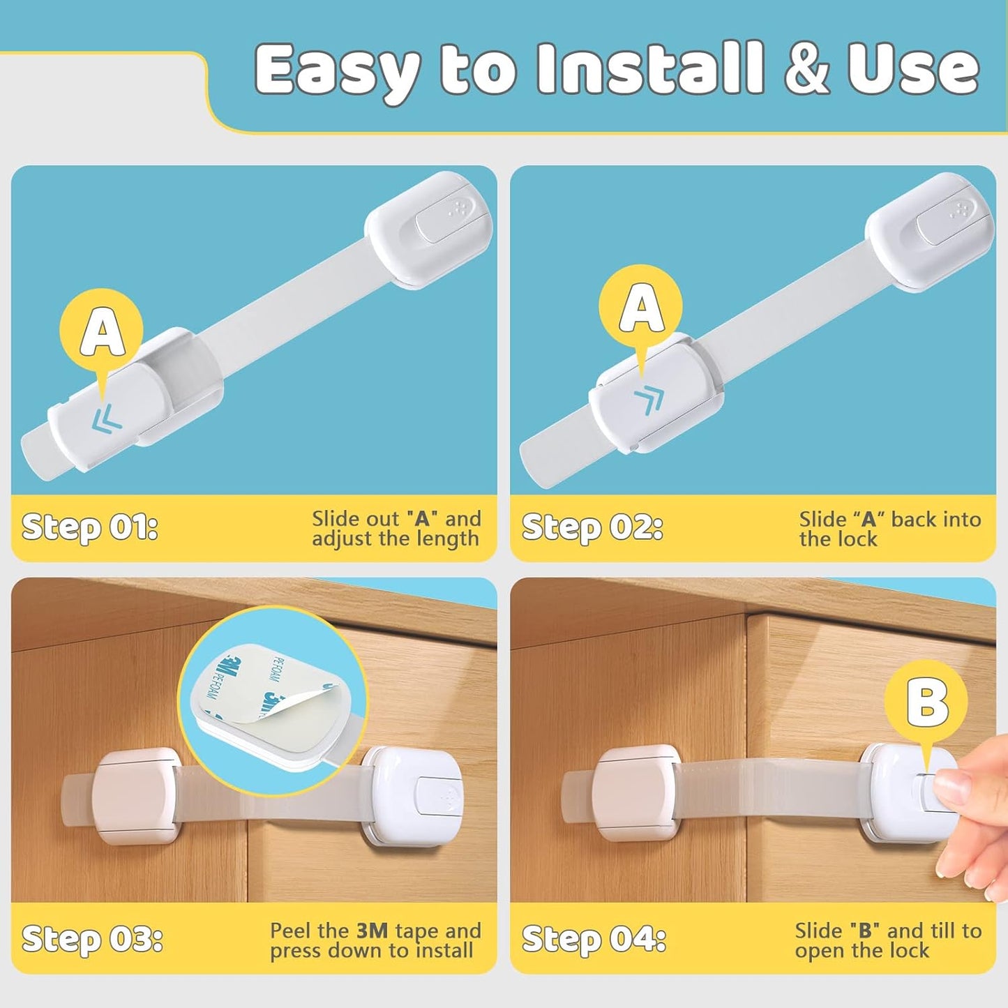 4our Kiddies 10 Pack Baby Proof Cabinet Latches, Childproof Drawer Latches with 6 Extra 3M Adhesives, Adjustable Child Safety Cabinet Strap Locks, Baby Drawer Locks for Kids and Child Safety