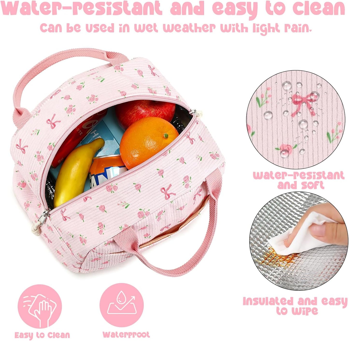 Bluboon Lunch Bag for Women Men Cute Corduroy Lunch Tote Bags Reusable Insulated Lunch Box Large Capacity Reusable Insulated Cooler for Work Picnic or Travel