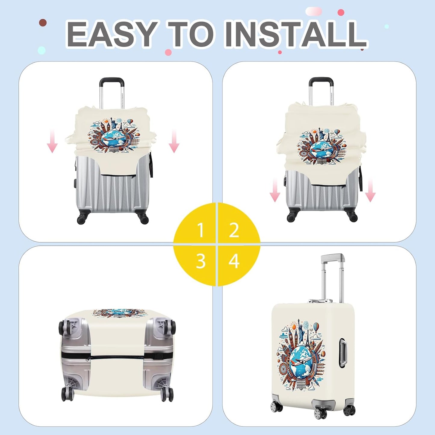 ANNA QUEEN Travel Around the World Luggage Cover, Colorful Landmark Suitcase Protector with Airplane & Globe Design, Stretchable, Washable Travel Sleeve for 32-34 Inch Luggage