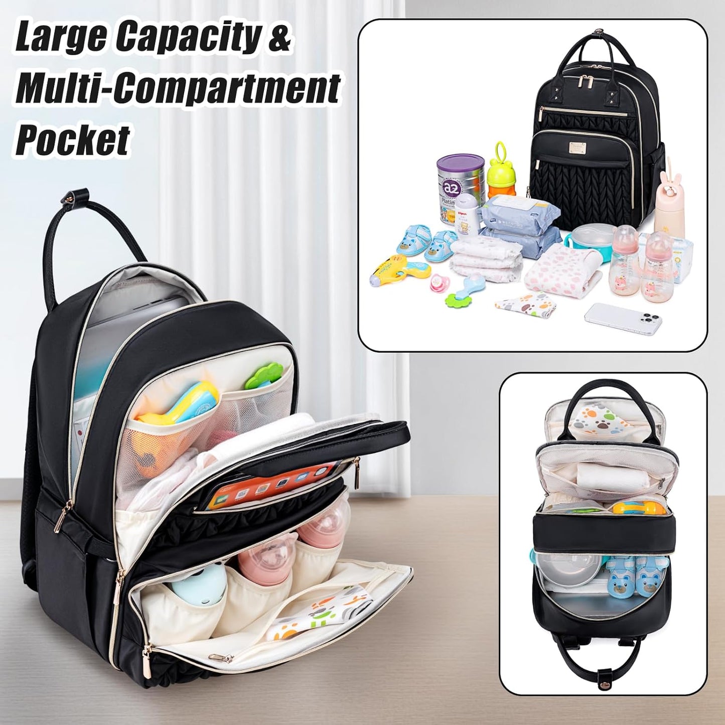 Diaper Bag Backpack,Stylish Baby Diaper Bag,Waterproof Travel Diaper Backpacks Baby Bags with Changing Pad,Stroller Straps,Insulated Pockets (Black)