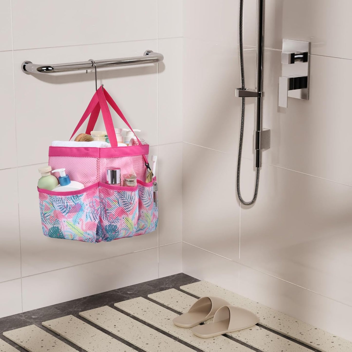 F-color Shower Caddy Portable - Mesh Shower Bag Basket Tote for College Dorm Room Essentials Bathroom Gym Camp Quick Dry for Women Men with S Hook, Pink Flamingo