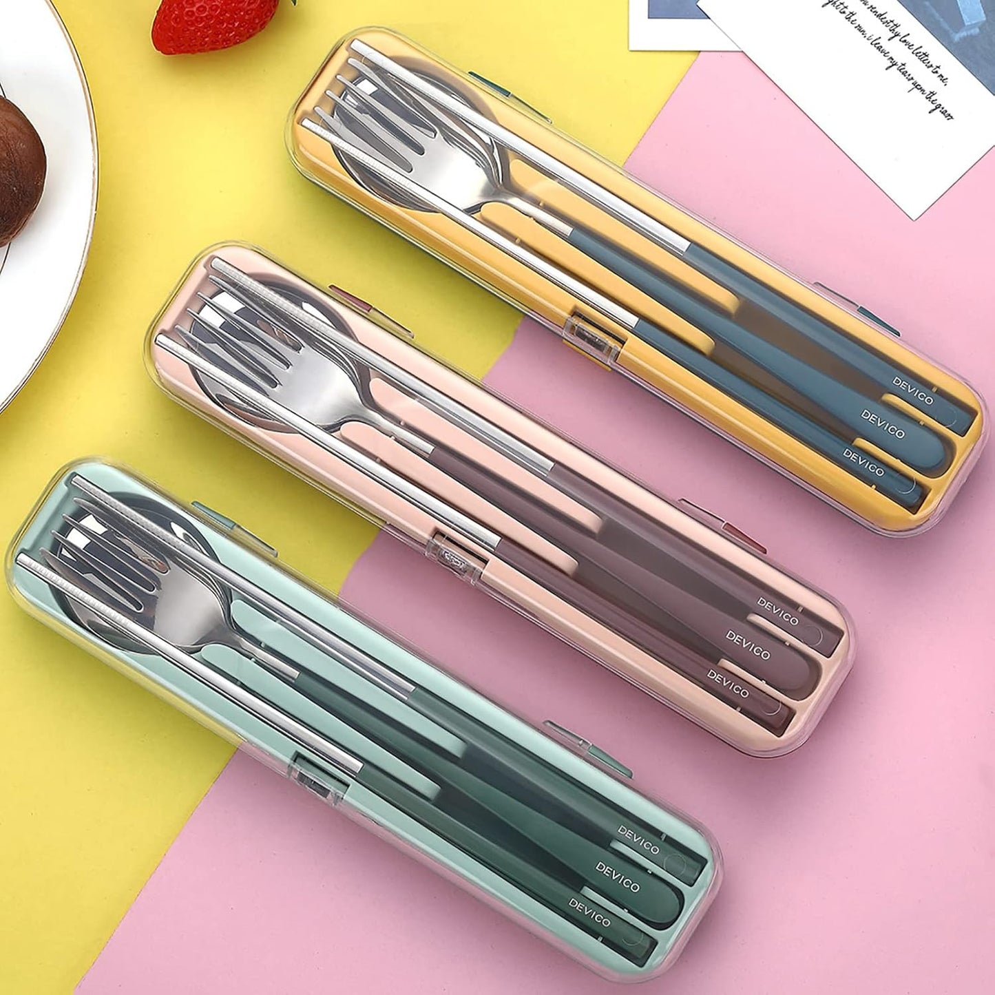 DEVICO Portable Utensils, Travel Reusable Silverware Flatware Set for Lunch, 18/8 Stainless Steel 4-Piece Camping Cutlery Include Fork Spoon Chopsticks with Case (Brown)