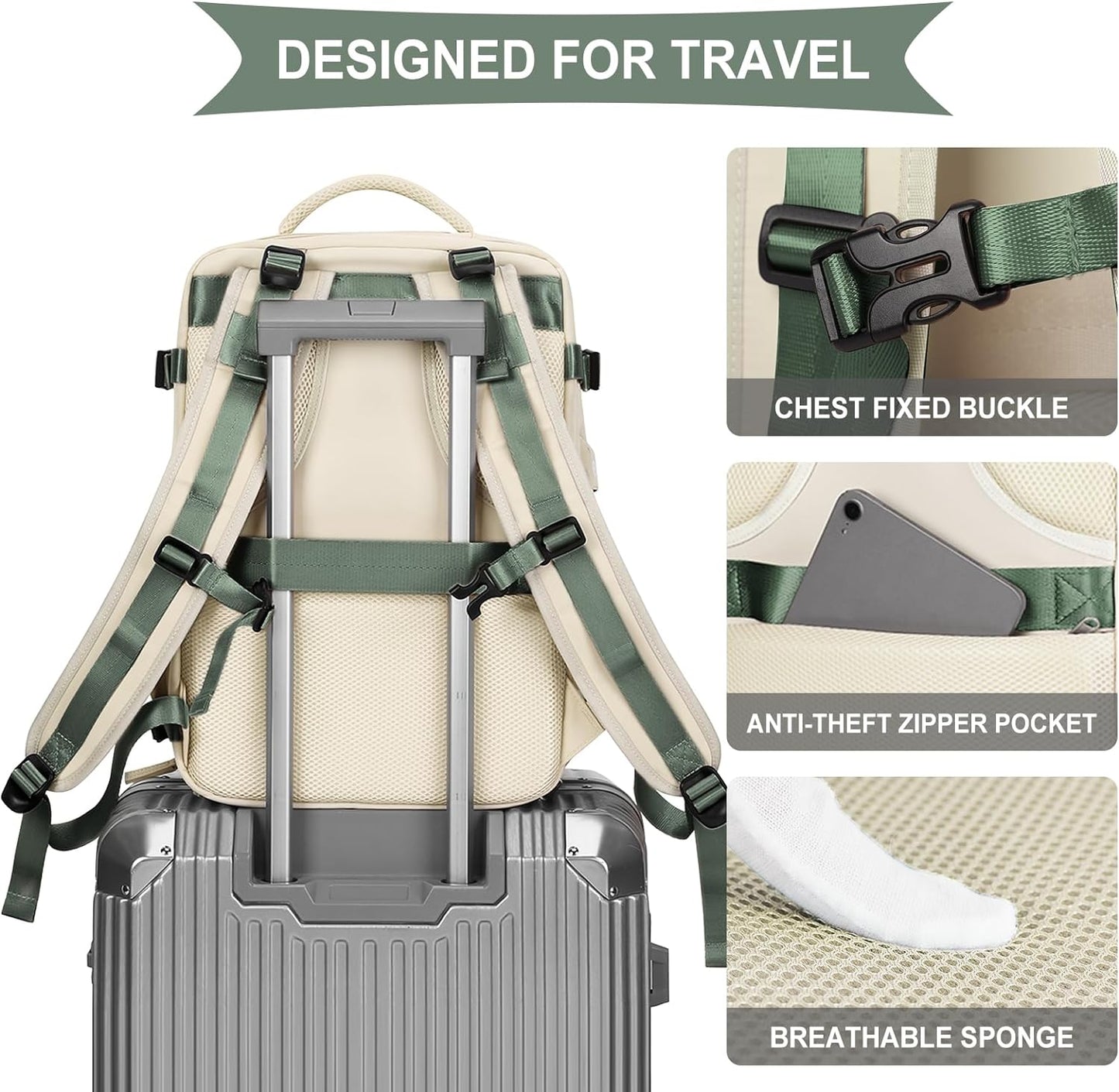 coowoz Large Travel Backpack For Women Men,Carry On Backpack,Hiking Backpacks Waterproof Outdoor Sports Rucksack Casual Daypack travel essentials(White Green)