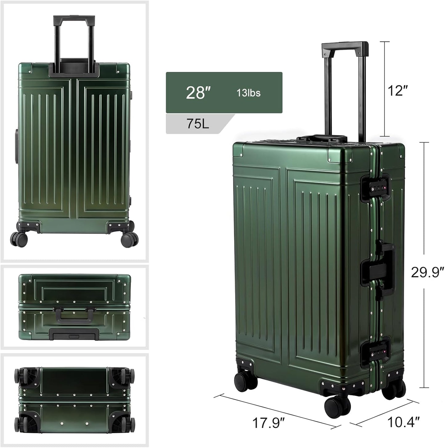 All Aluminum Magnesium Carry On Luggage๏ผCut from Whole Aluminum Sheet๏ผ22x14x9 Airline Approved ๏ผ๏ผ3rd Generation๏ผPremium Magnesium Metal zipperless suitcase ๏ผ (green, 28inch)