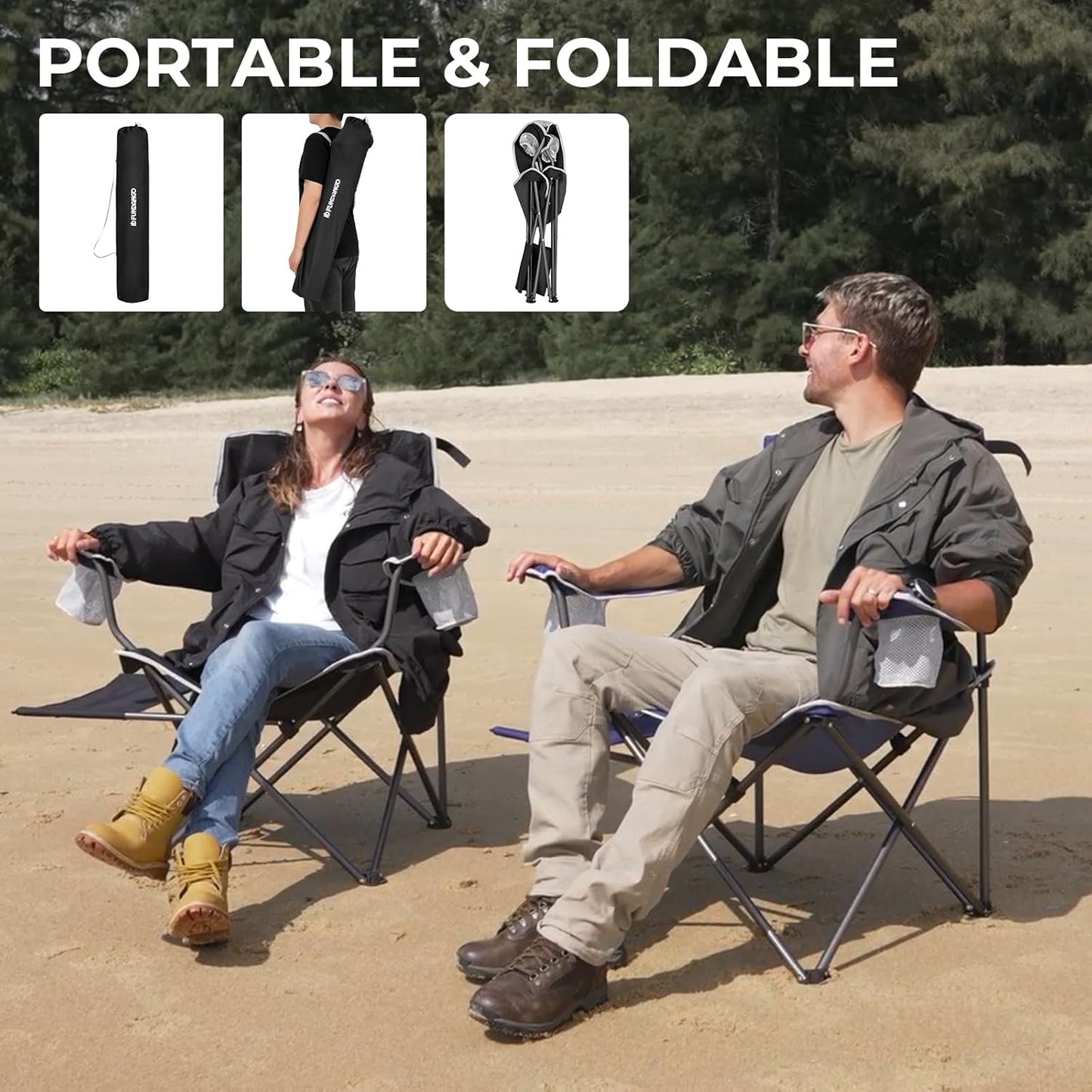 FUNDANGO Folding Camping Chair with Table, 2 Pack Portable Heavy Duty Outdoor Padded Chairs for Adults with Cup Holders for Lawn Beach Picnic Outside Travel (Black)