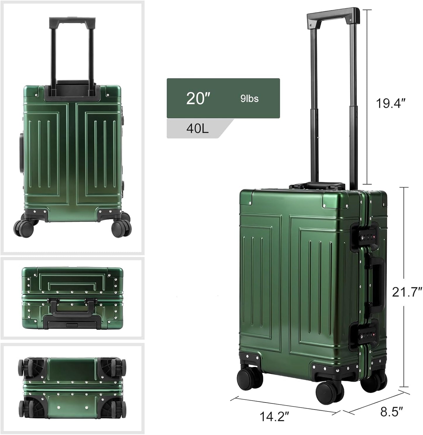 All Aluminum Carry On Luggage๏ผCut from Whole Aluminum Sheet๏ผ22x14x9 Airline Approved ๏ผ๏ผ3rd Generation๏ผPremium Metal zipperless suitcase ๏ผ (green, 20inch)