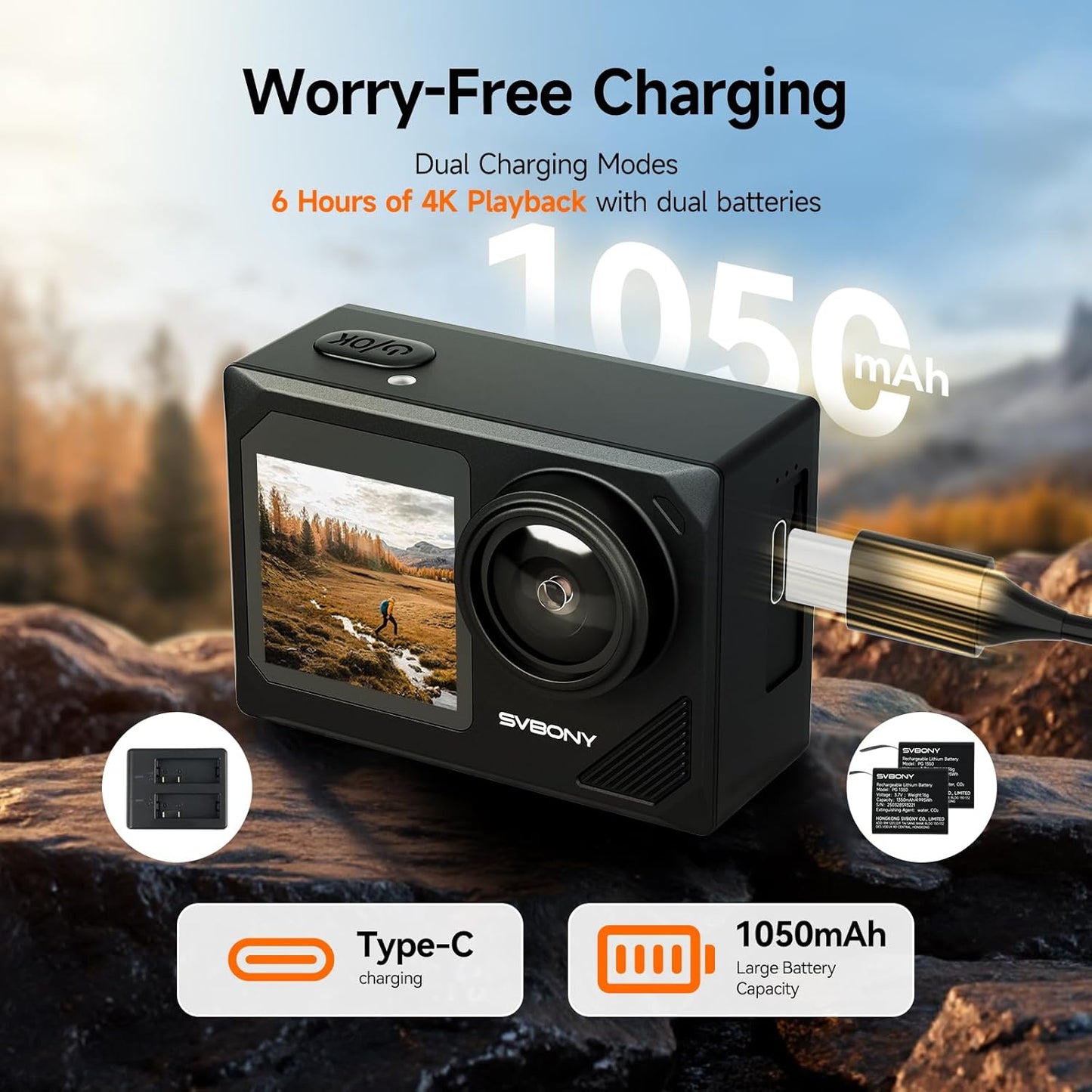 SVBONY SVGo2 Action Camera 4K30FPS 50MP, 5X Zoom Touch Screen Sports Camera, Waterproof Cameras,6-Axis EIS with Floating Selfie Stick, Wired Microphone, 2 Batteries, for Sports Vlog