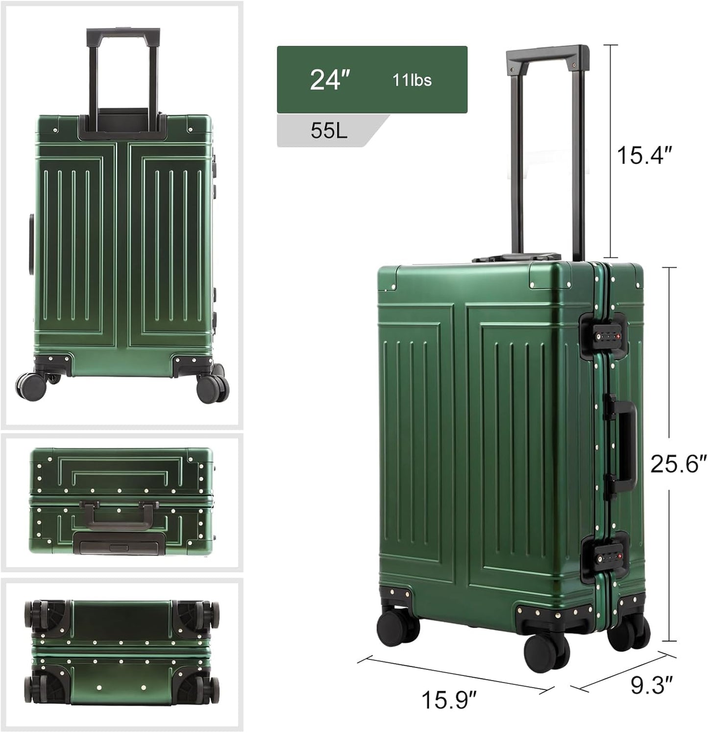 All Aluminum Carry On Luggage๏ผCut from Whole Aluminum Sheet๏ผ22x14x9 Airline Approved ๏ผ๏ผ3rd Generation๏ผPremium Metal zipperless suitcase ๏ผ (green, 24inch)