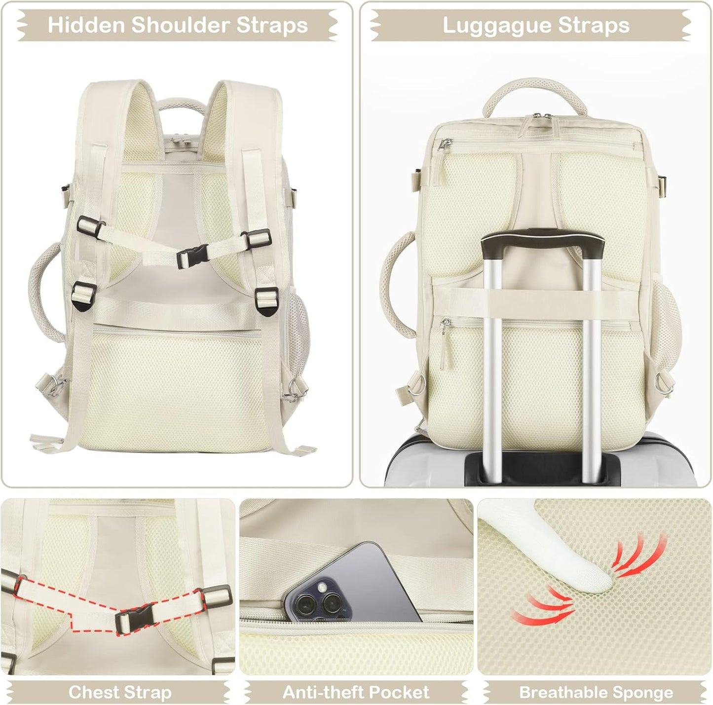 Hanples Large Travel Backpack for Women, 40L Carry on Luggage Backpack, College Laptop Backpack Airline Approved Business Work Bag Fits 17 Inch Computer for Men with 2 Toiletry Bags (Beige)