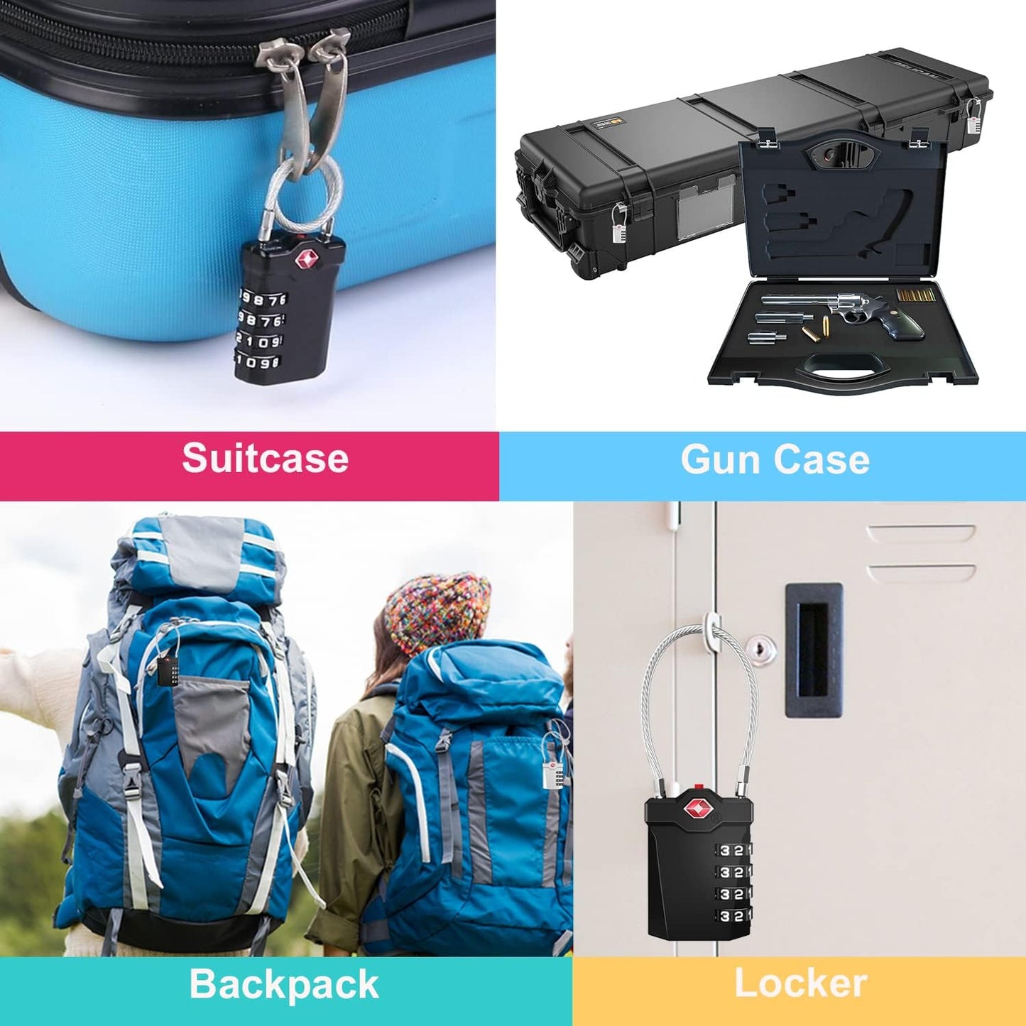 ZHEGE Travel Locks, TSA Approved Locks for Luggage, 4 Digit Cable Lock with Inspection Indicator for Luggage Suitcase, Backpack, Baggage, Easy to Read(4 Pack, Black)