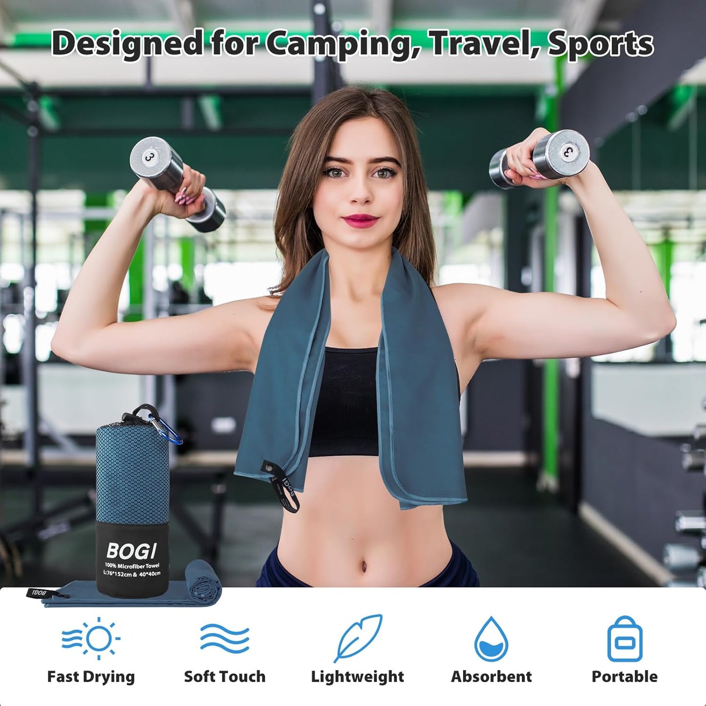 BOGI Microfiber Travel Sports Towel-Quick Dry, Soft Lightweight, Absorbent, Compact for Camping, Gym, Yoga, Swimming, Backpacking (L:60''x30''+16''x16''-Nblue)