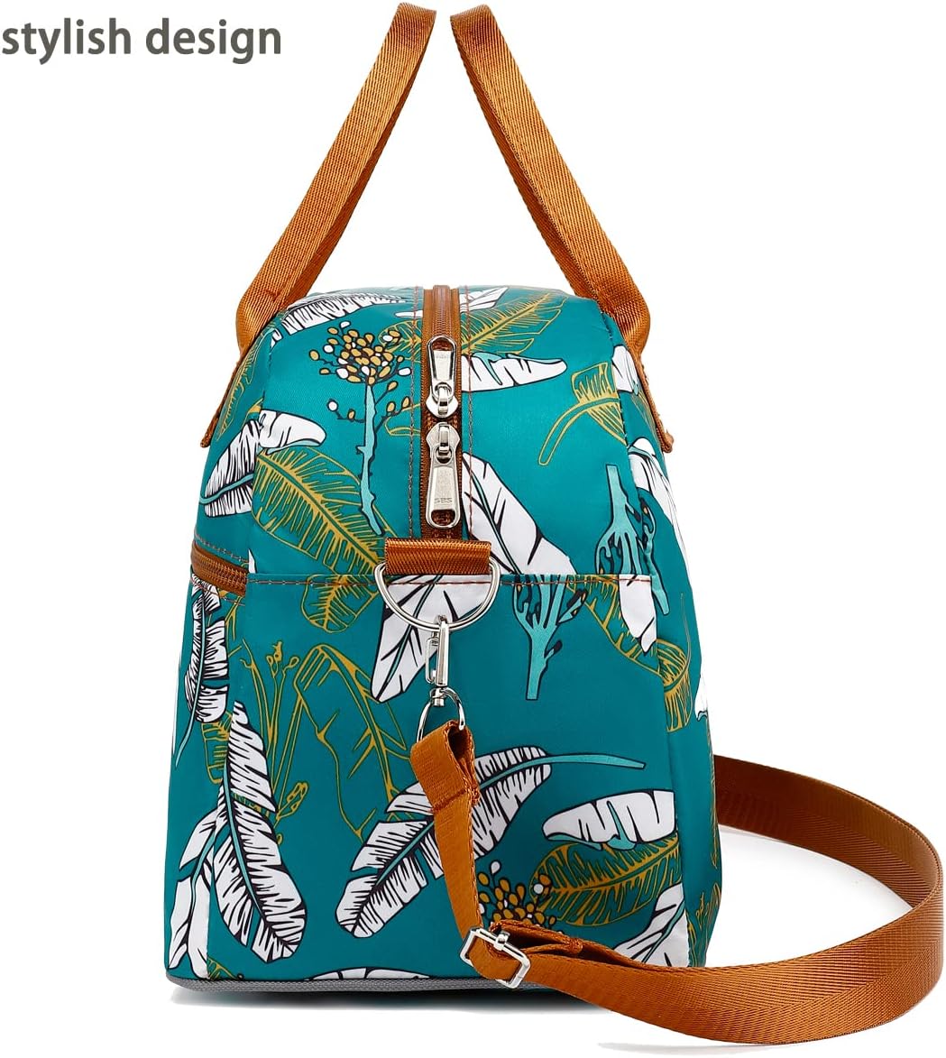 FlowFly Insulated Lunch Bag With Shoulder Strap for Women, Men, and Kids, Large and Reusable, Handle, Freezable Work and School Travel Tote and Meal Prep Organizer, leaves