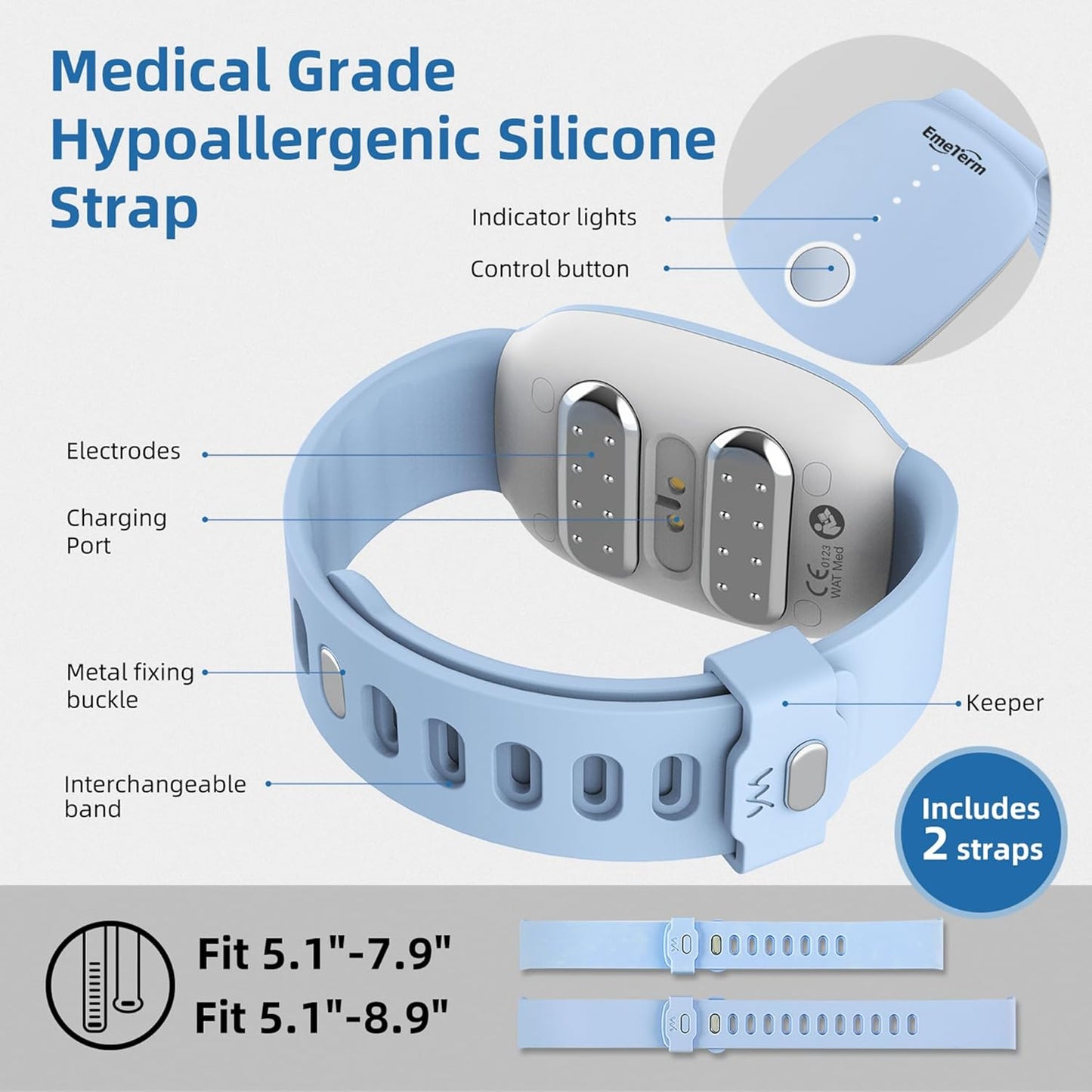 EmeTerm Fashion FDA-Cleared Relieve Nausea Electrode Stimulator Morning Sickness Motion Travel Sickness Vomit Relief Rechargeable No Gel Drug Free Wrist Bands Without Side Effects