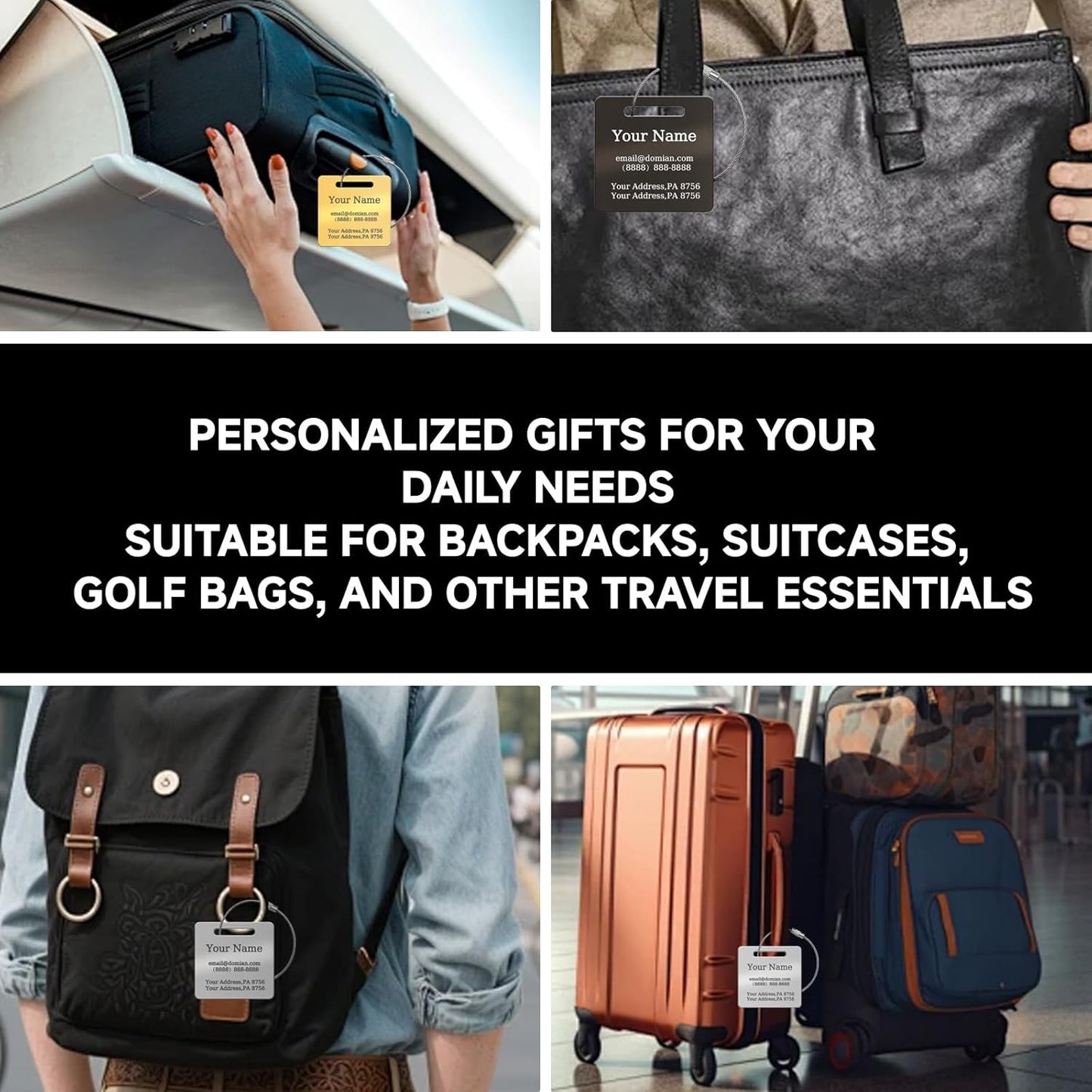 (2-Pack) Stainless Steel Custom Luggage Tags - Laser Engraved Personalized Travel Tags - Custom Name Identification Tags: for Suitcases, Backpacks, Bags and More (Rose Gold)