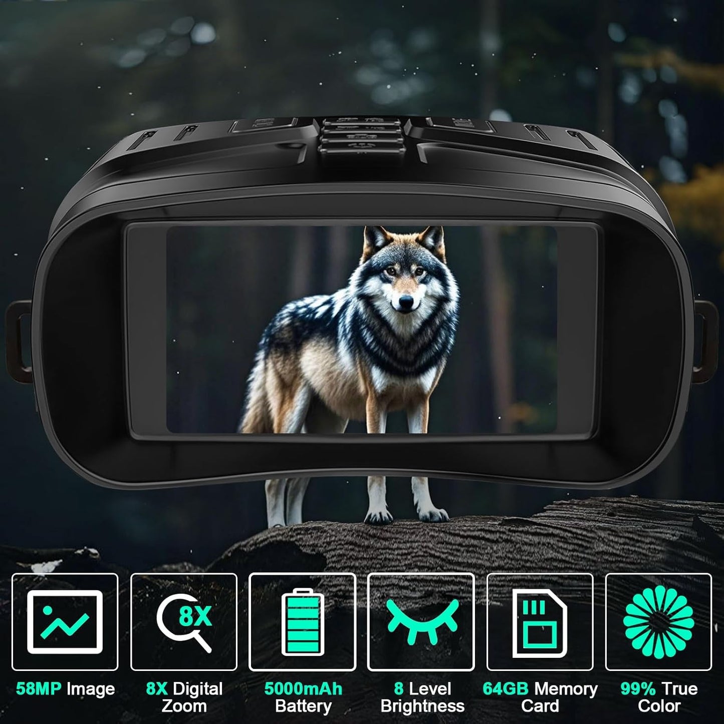 Night Vision Goggles, 4K Night Vision Binoculars with 58MP Full Color & AI Image Processing, 5000mAh Rechargeable Battery, 64GB Card, IP66 Waterproof, Tactical LED Light for Hunting Camping Security