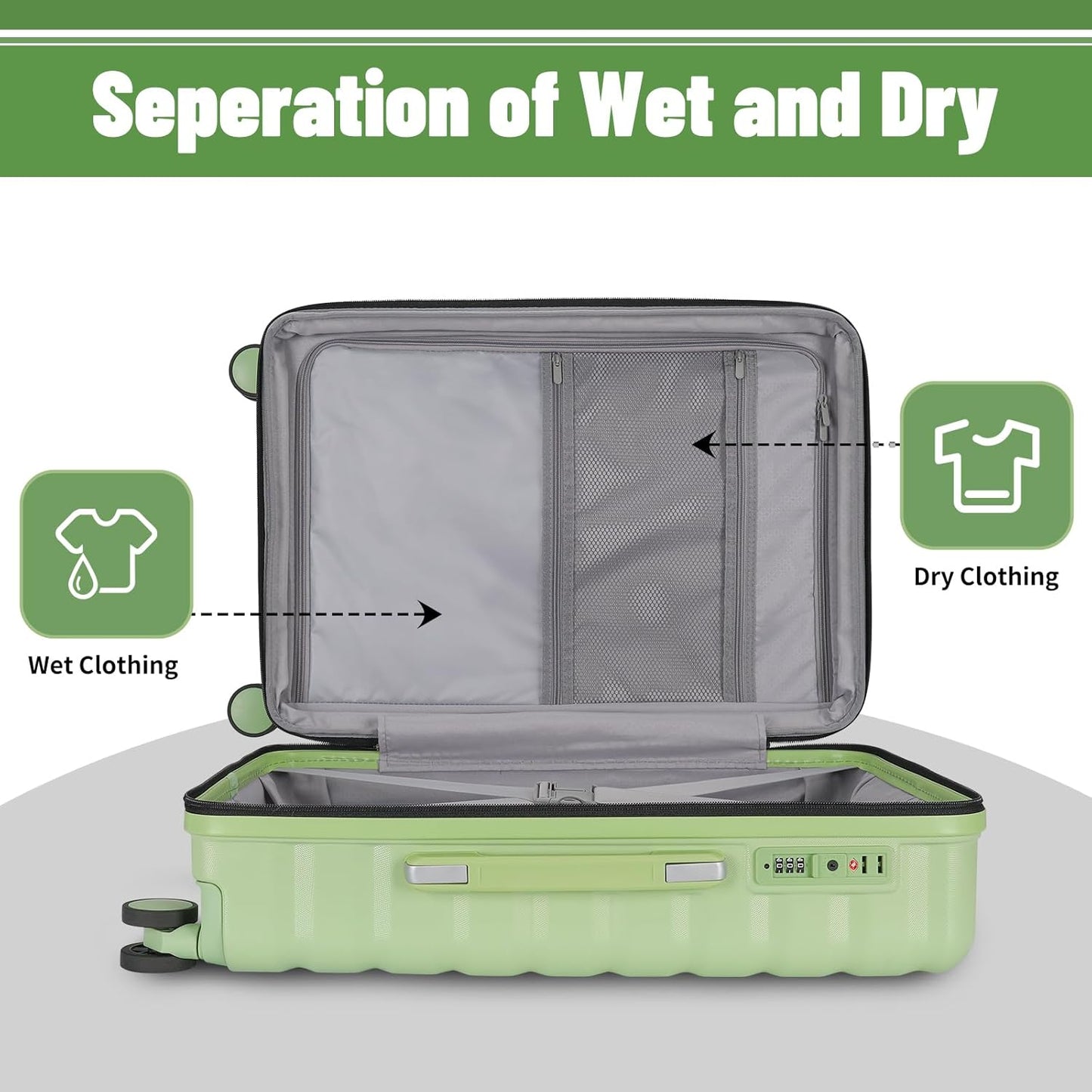 Lightweight Luggage with Spinner Wheels & YKK Zipper, 3-Piece Travel Suitcase ABS+PC Hardshell Luggage Set with TSA Lock, Light Avocado Green (20+24+28 inch)