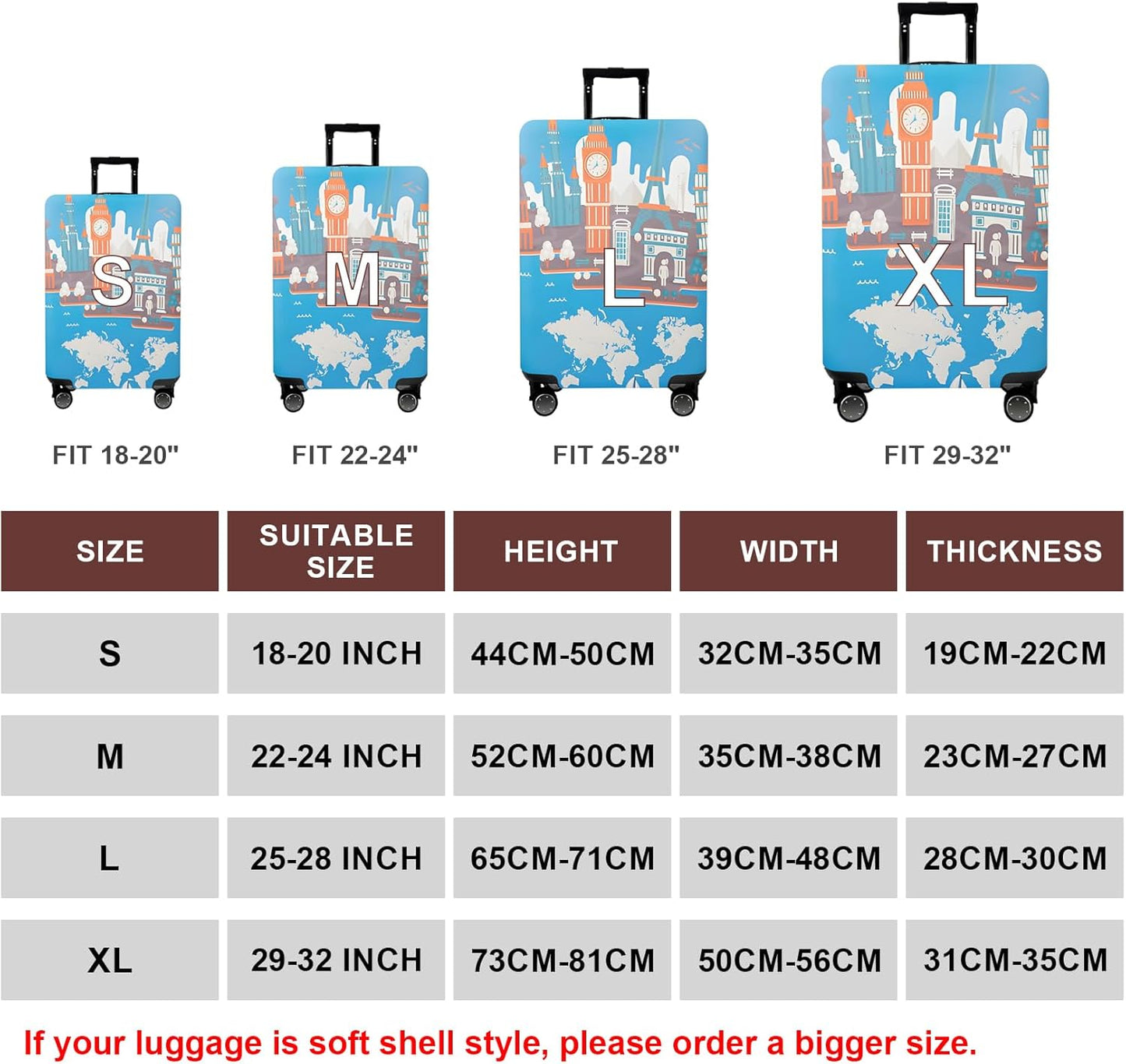 WUJIAONIAO Travel Luggage Cover Baggage Suitcase Cover Protector Skins 18-32 Inch (Eiffel Tower, M (for 22-24 inch luggage))