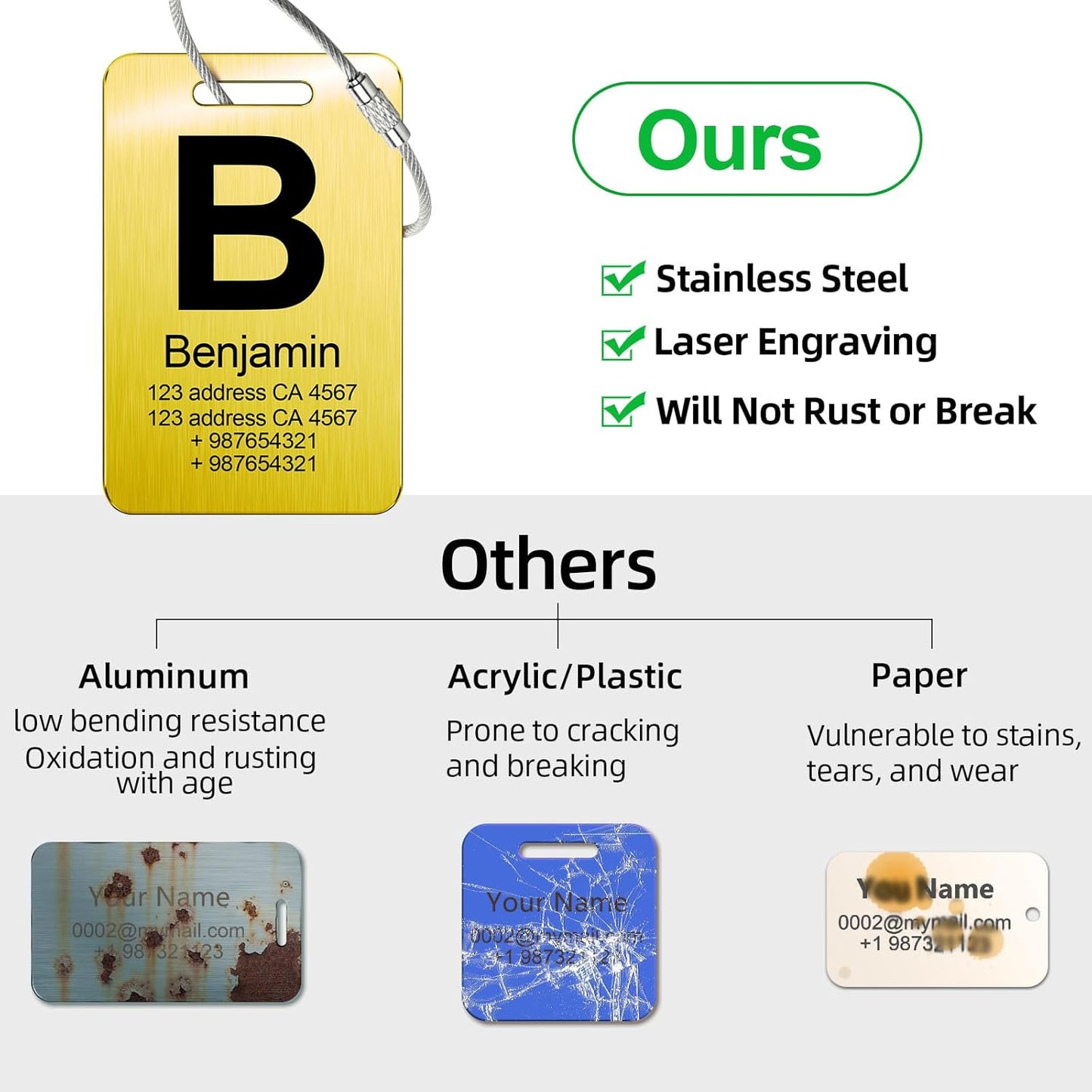 Customized Stainless Steel Luggage Tags: Personalize Your Suitcases, Backpacks, and Bags with Your Text - Custom Initial Text Name ID,Number 2"x3.3"(3 Pack)