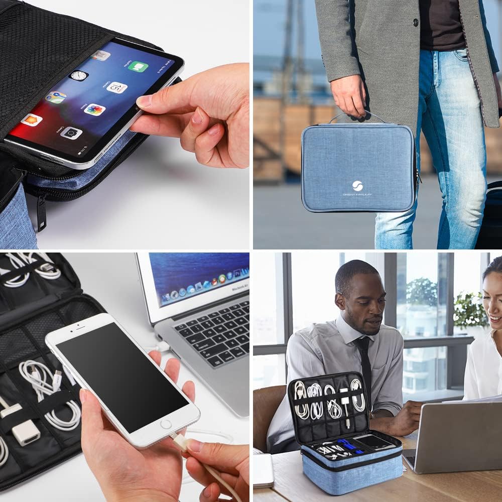 Travel Electronics Organizer, Waterproof Cable Organizer Bag for Electronic Accessories Double Layer Large Shockproof Cable Storage Bag for Cord, Power Bank, Tablet(Up to iPad 11 inch) - Denim blue
