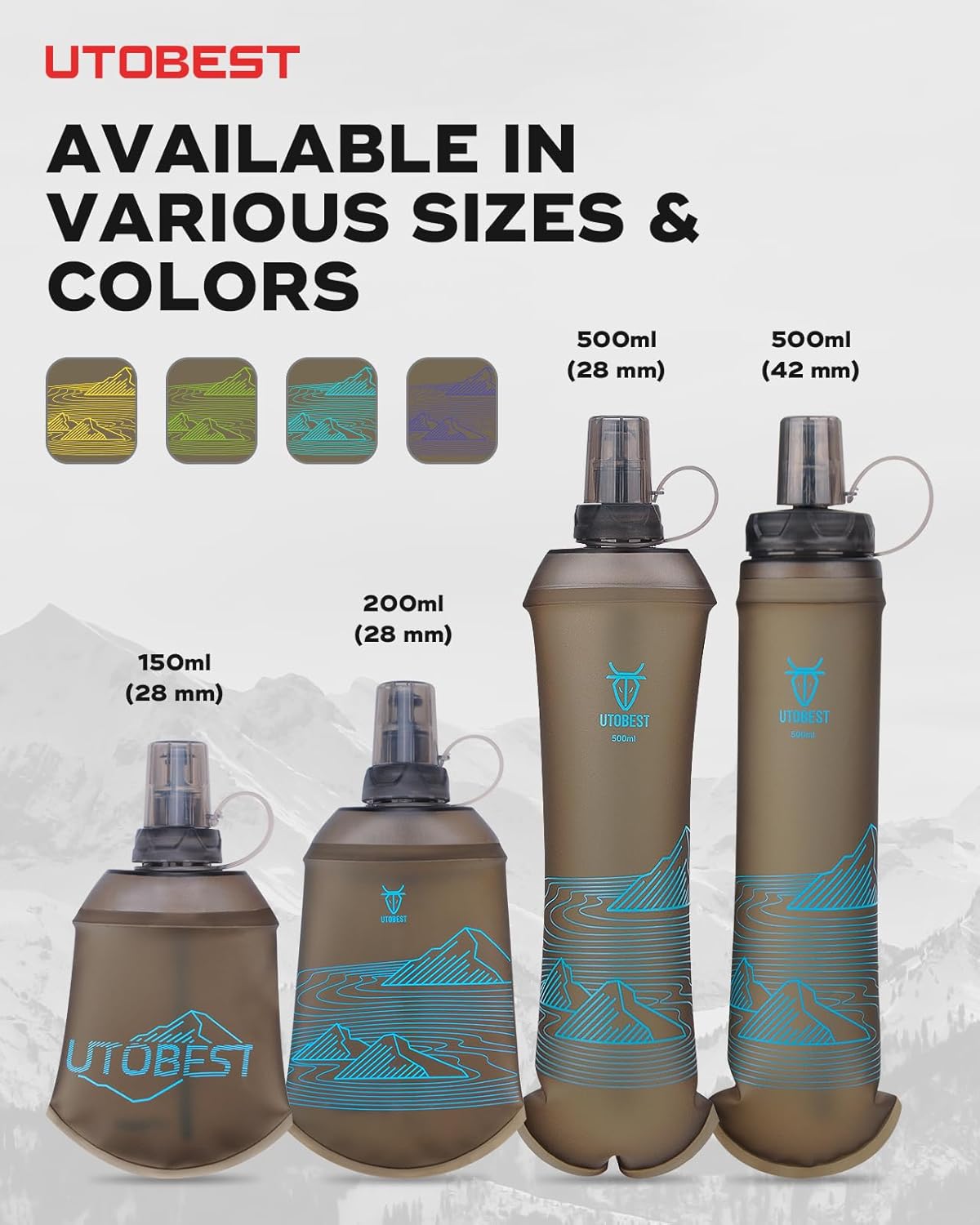 UTOBEST 500ml Soft Flask, 2 Pack Flexible TPU Hydration Water Bottle, Collapsible with 28mm Caliber for Running, Hiking, Cycling, Climbing, and Marathon Blue