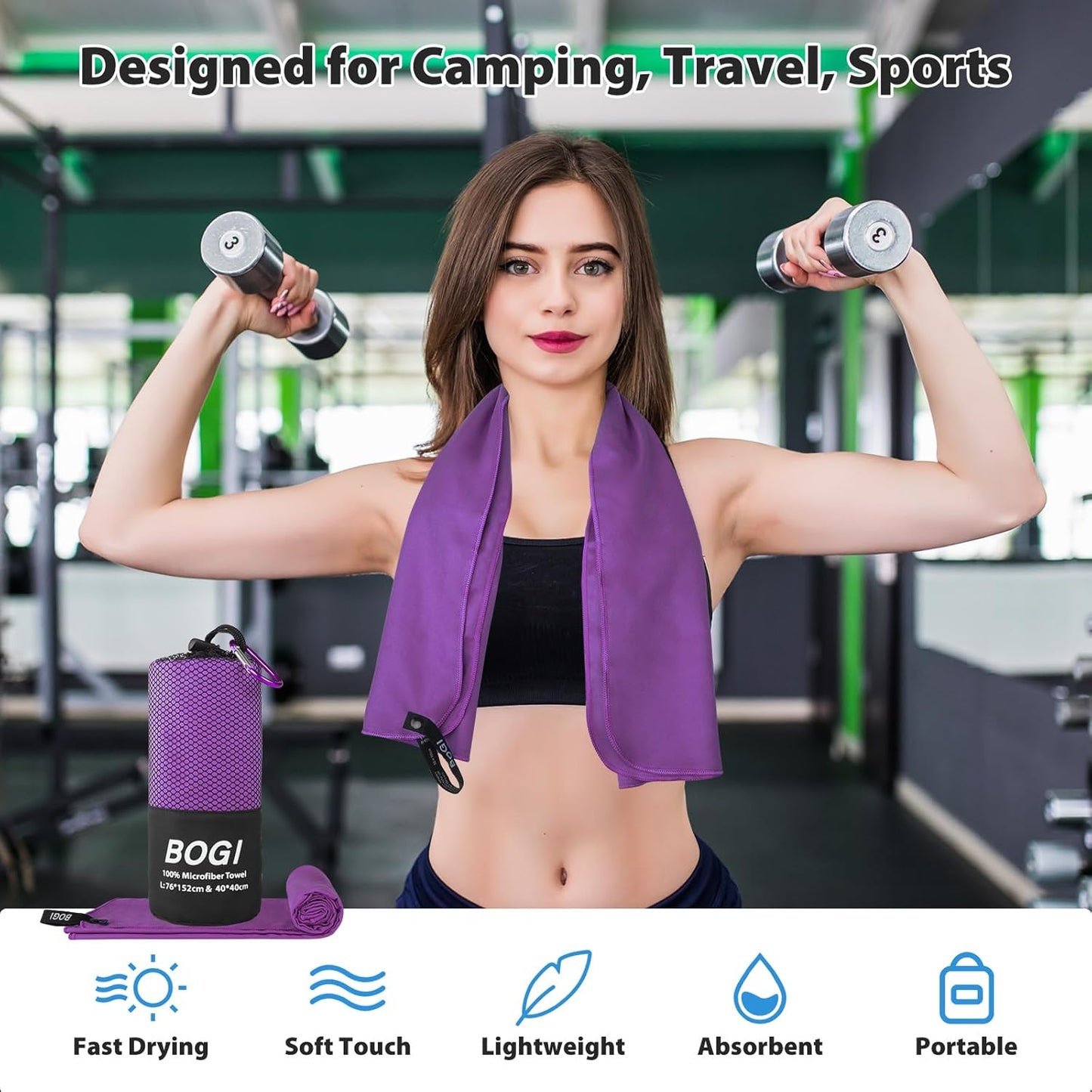 BOGI Microfiber Travel Sports Towel-Quick Dry Towel, Soft Lightweight Microfiber Camping Towel Absorbent Compact Travel Towel for Camping Gym Yoga Swimming Backpacking (XL:72''x32''+16''x16''-Purple)