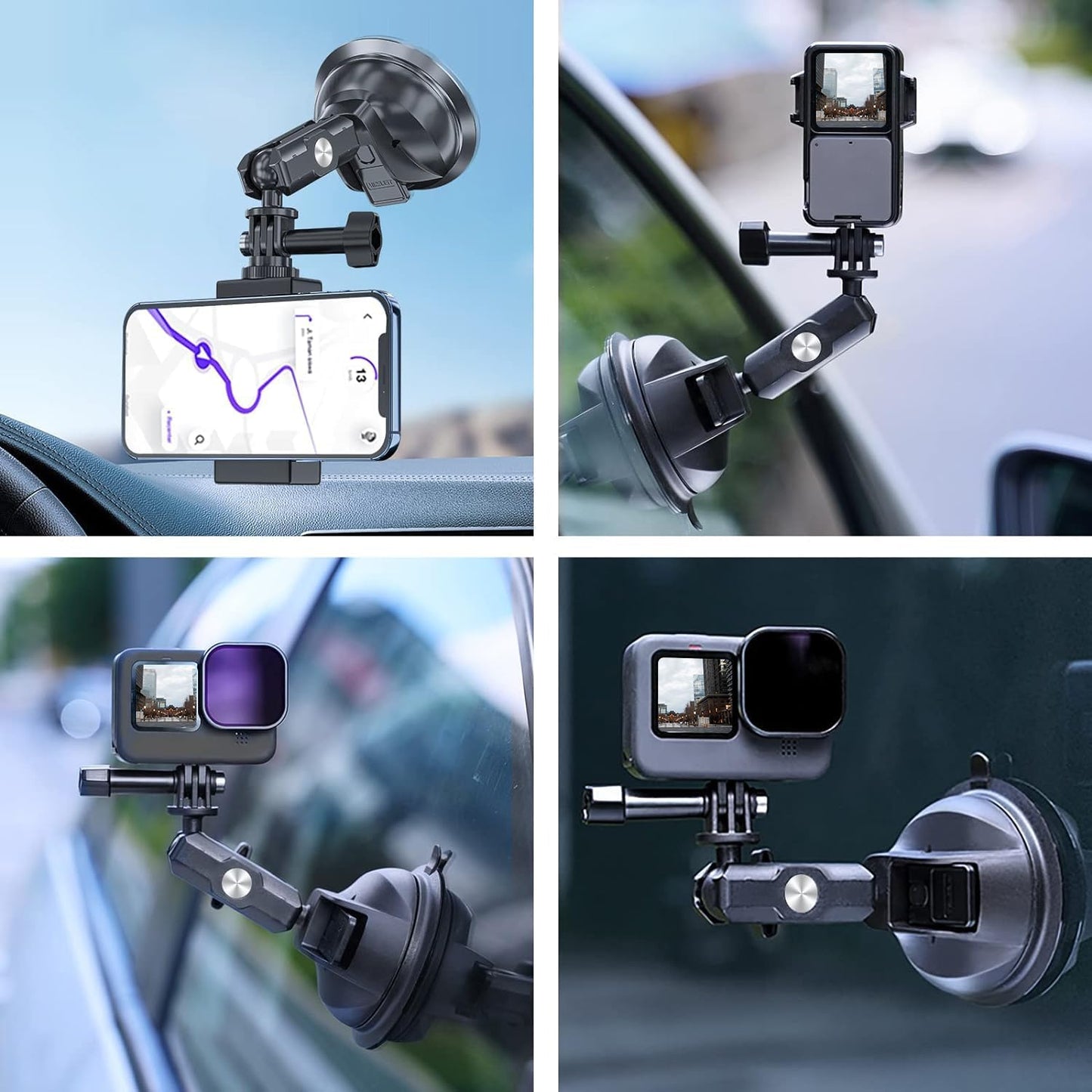 TELESIN Suction Cup Car Mount with Phone Holder, Windshield Window Dashboard Boats Vehicle Attach for DJI Action 5 Pro Action 4 3 GoPro Max Mini Hero 13 12 11 10 9 8 Insta360 X5 X4 X3 Ace Pro Pocket 3