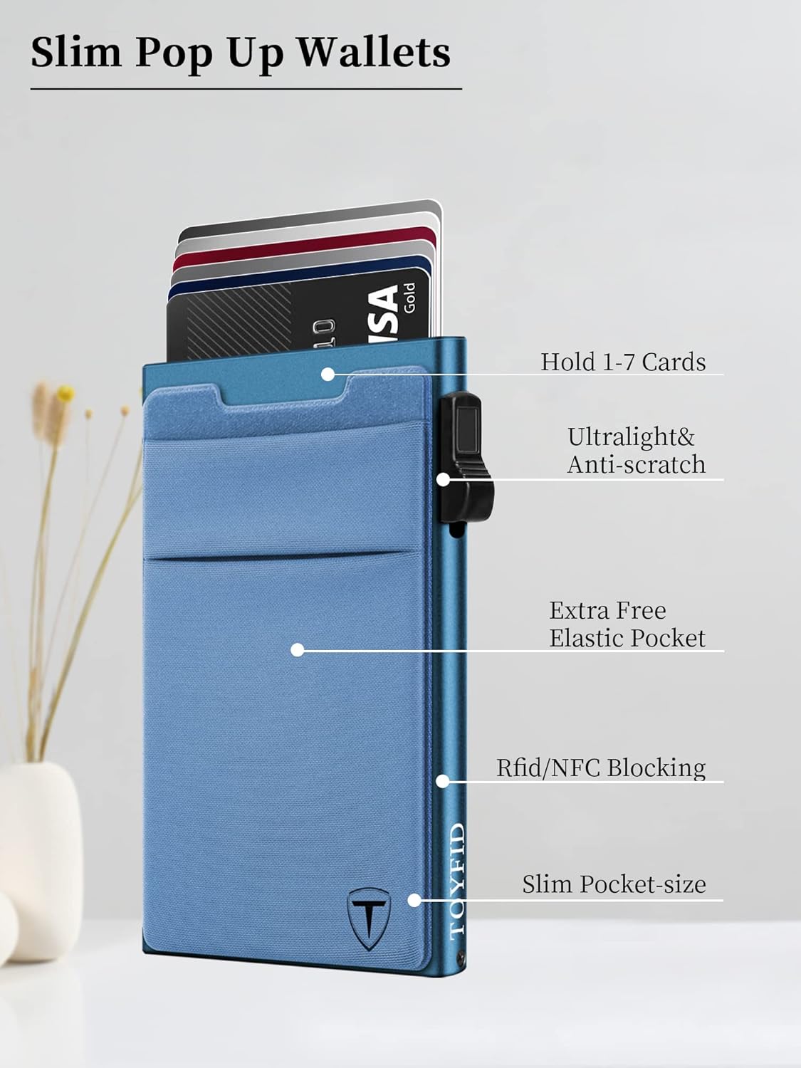 Slim Wallet for Men and Women,Pop Up Credit Card Wallet Metal Minimalist Cards Holder with Money Pocket,Small Ultralight Aluminum RFID Blocking Wallets 6-12 Card Capacity,Navy Blue