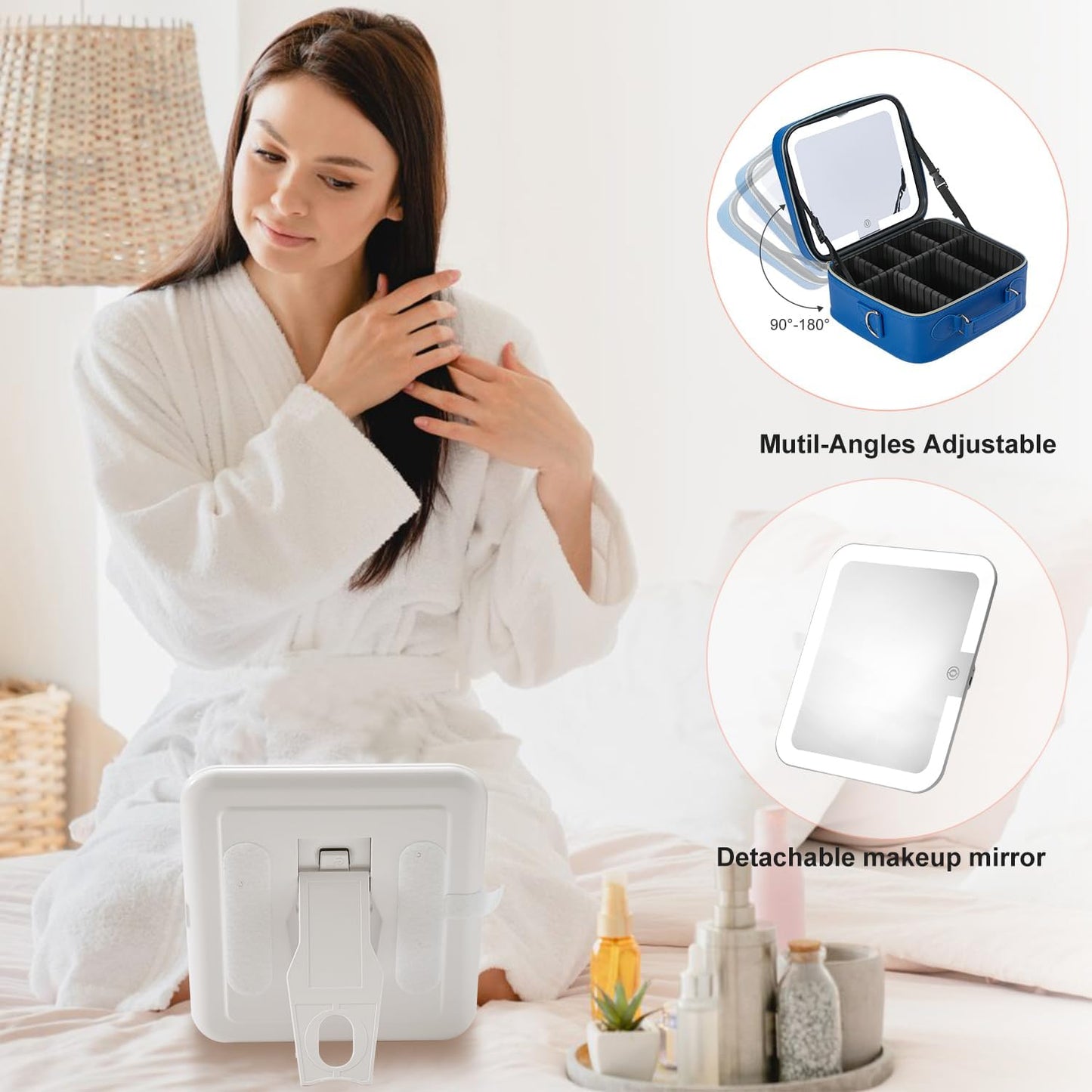 Mocado Travel Makeup Bag with LED Lighted Mirror,Travel Makeup Organizer,Makeup Case with 3 Color Lighted Setting and 10x Magnifying Mirror,Portable Storage and Adjustable Dividers Makeup Box(Blue)