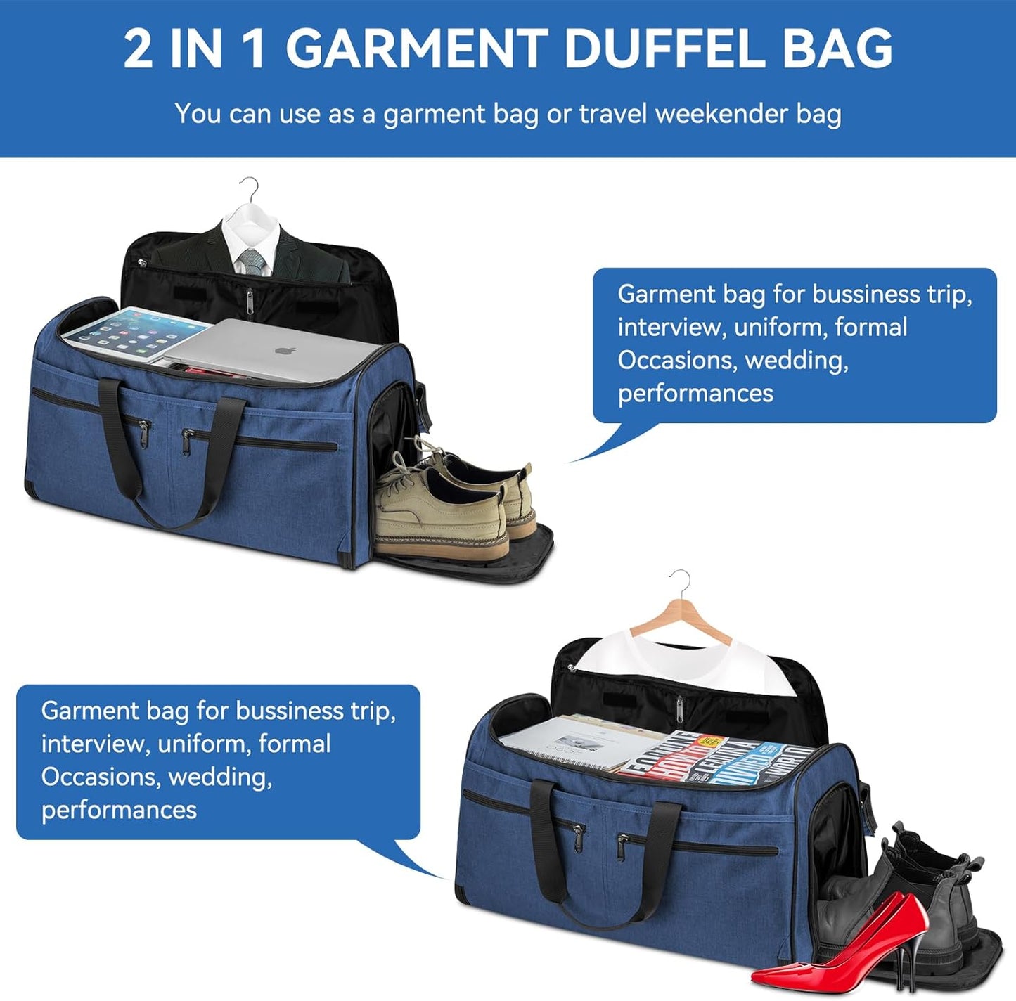 Large Garment Bag for Travel, Bukere Convertible Suit Travel Garment Duffel Bag for Men Women Business, Shoe Compartment, Detachable Shoulder Strap, Multi-Function 2 in 1 Weekender Bag, Blue