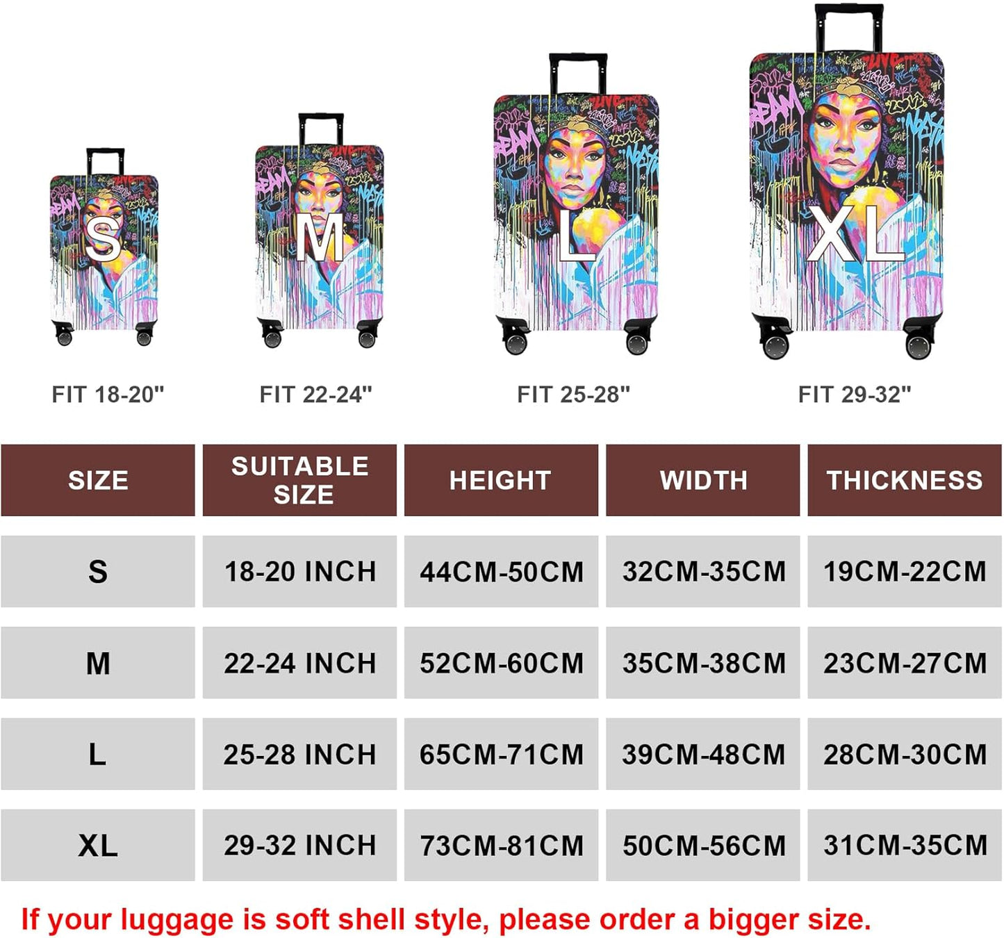 WUJIAONIAO Travel Luggage Cover Baggage Suitcase Cover Protector Skins 18-32 Inch (Graffiti A8, L (for 25-28 inch luggage))