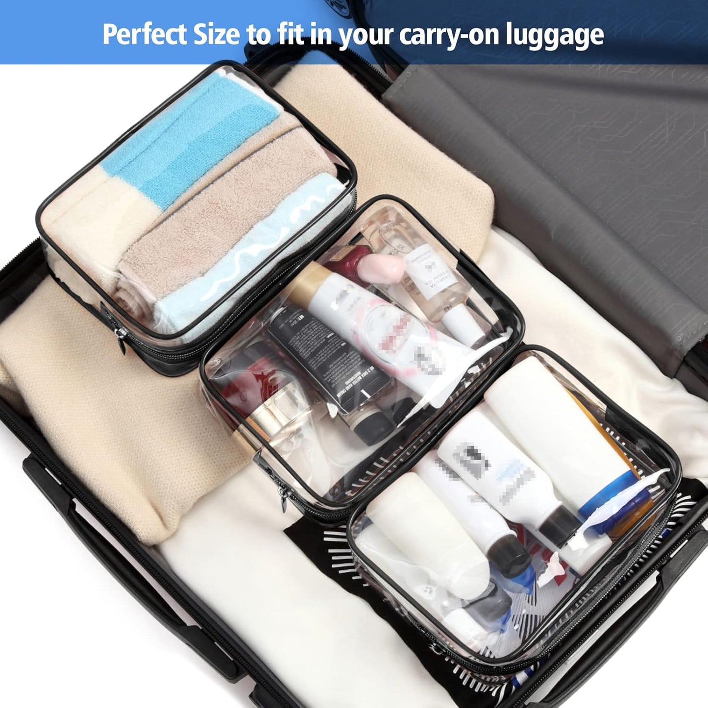 PACKISM TSA Approved Toiletry Bag - Clear Makeup Bags in 2 Size, Durable with Supporting Frame, Perfect for Travel Essentials, Carry-on Airport Airline Compliant Bag, Black