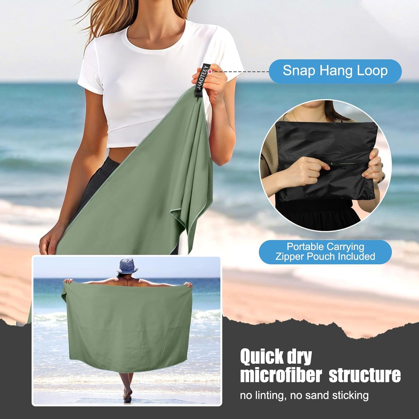Quick Dry Travel Towel, 3 Sizes 1 Pack Camping Microfiber Towel, Lightweight Fast Drying Towels Set 60"x30", 30"x15", 15"x15" w/Bag for Gym, Beach, Hiking, Swimming, Army Green