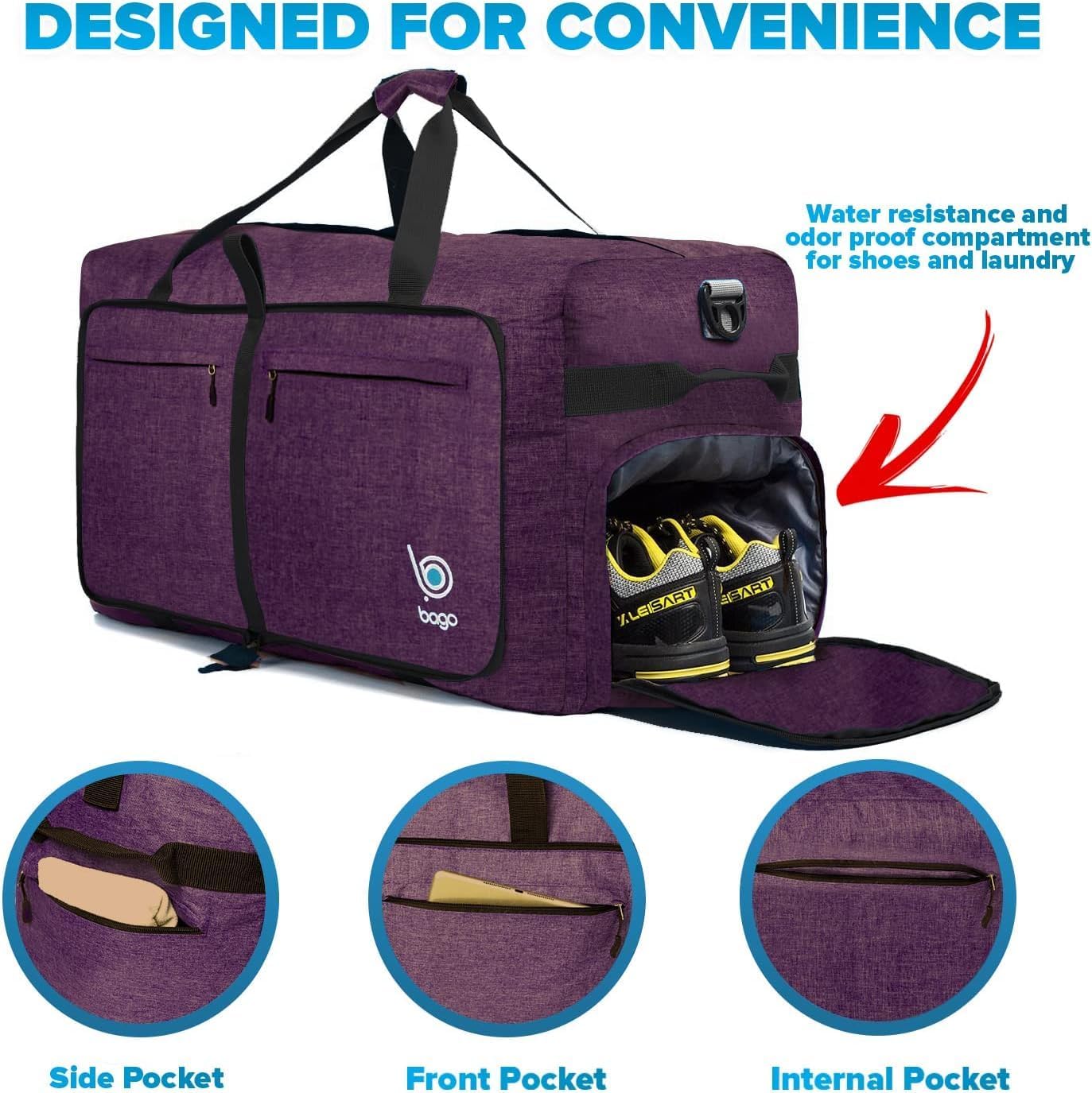 Bago Large Foldable Duffel Bags for Traveling Women & Men - 100L Packable Duffle Bag for Travel with Shoe Compartment - Water Repellant, Heavy Duty, Lightweight Folding & Collapsible (SnowDepPurple)