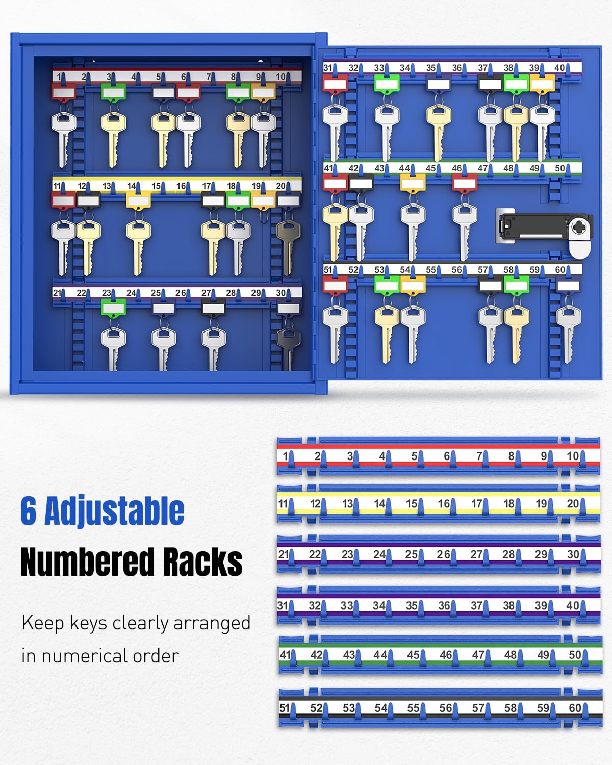 Uniclife 60 Keys Key Lock Box with Code, Wall Mount Key Box, Key Cabinet with Key Racks and Tags, Lock Box for Keys, Key Lockbox, Key Storage Box for Home Office & Company, Blue