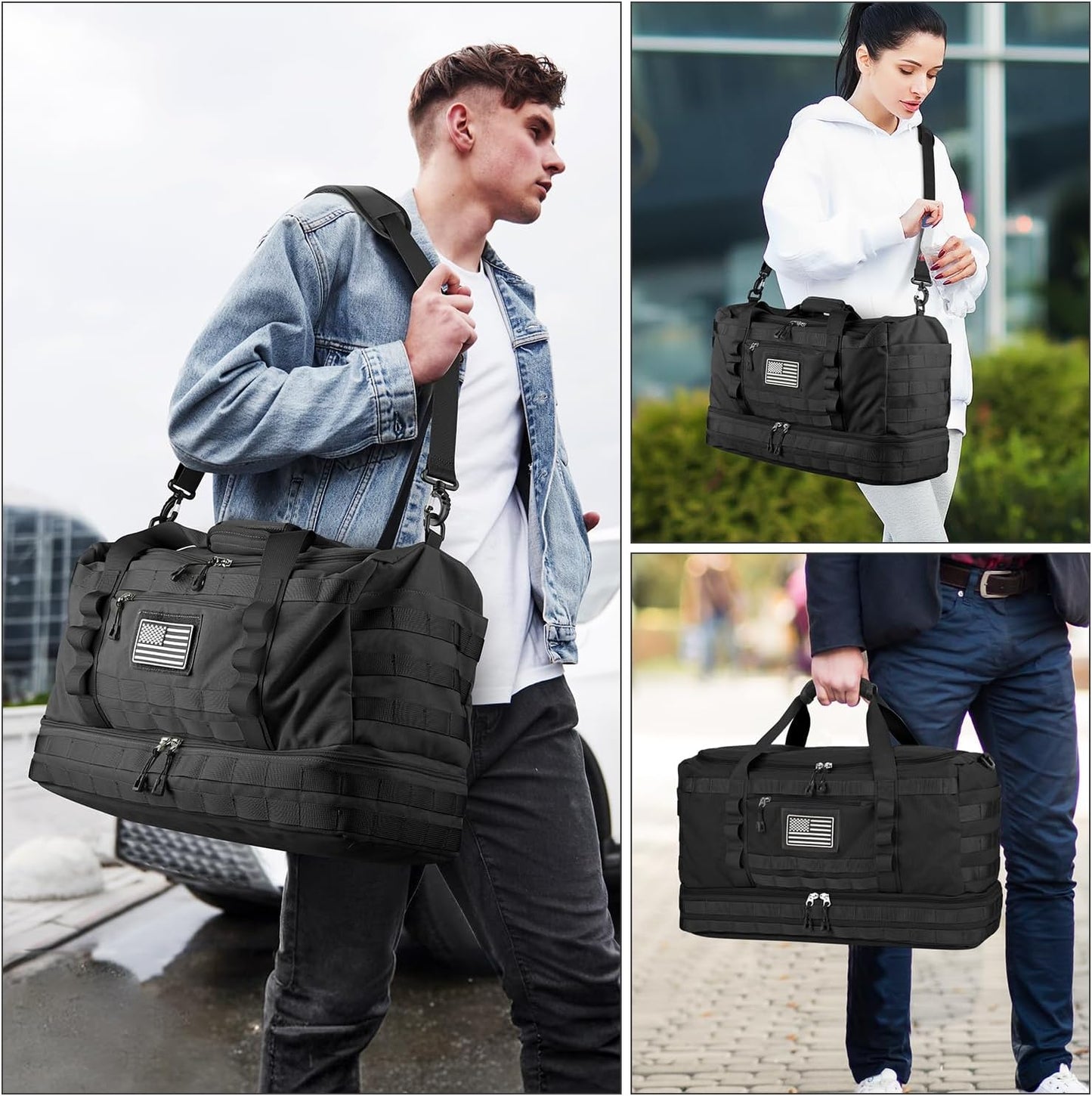 ETRONIK Travel Bag for Men Women, Gym Bag & Tactical Duffle Bags for Travel, Carry on with Toiletry Bag and Shoe Compartment, Weekender Overnight Trip with Wet Pocket for Workout Medical, Black