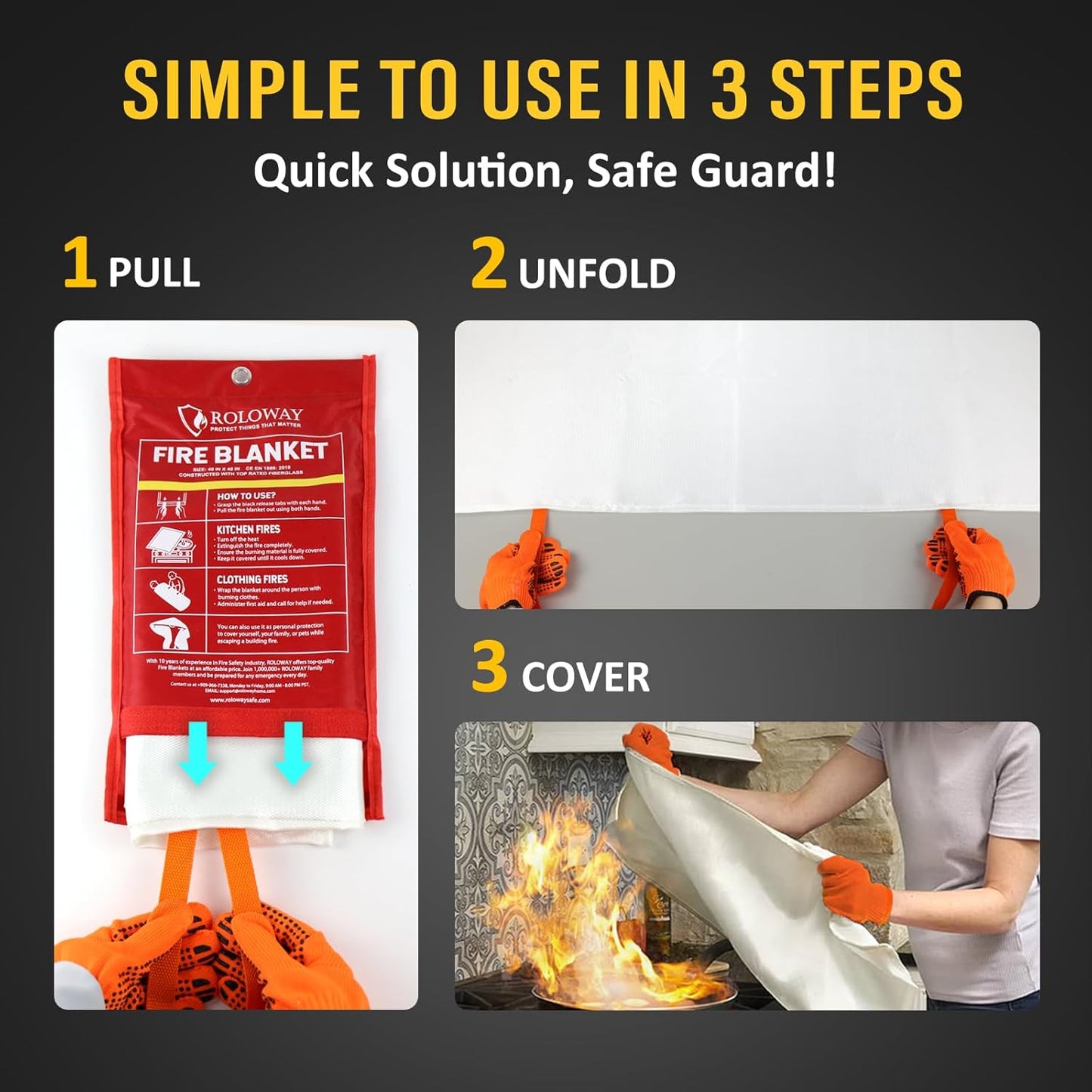 ROLOWAY Emergency Fire Blanket for Home and Kitchen, Fire Blankets Emergency for Home Safety (40 x 40 Inch) with Hooks, Gloves, Fire Suppression Blanket with Emergency Whistle for Fire Safety (4 Pack)