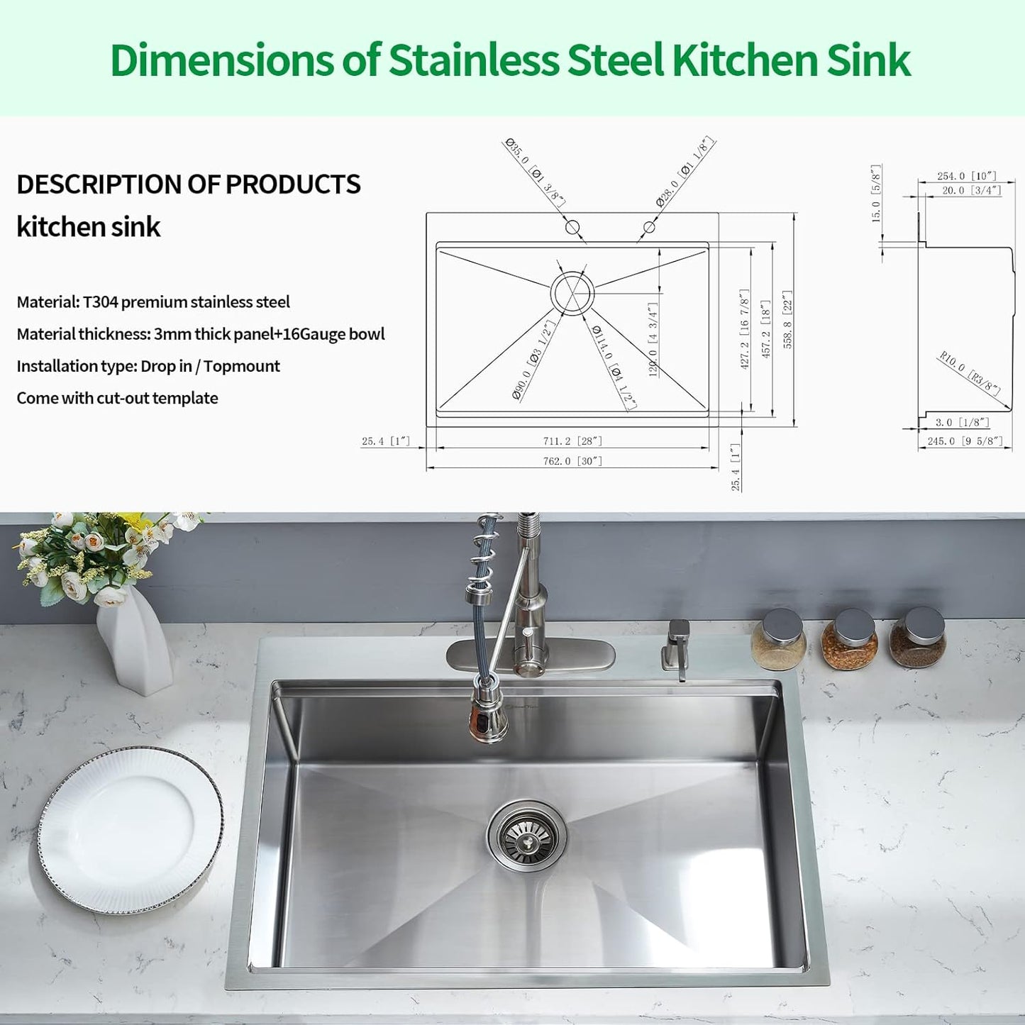 Kitchen Sink, 30 x 22 x 10 Drop in Kitchen Sink 16 Gauge Stainless Steel Kitchen Sinks Single Bowl Workstation Sink with Cutting Board
