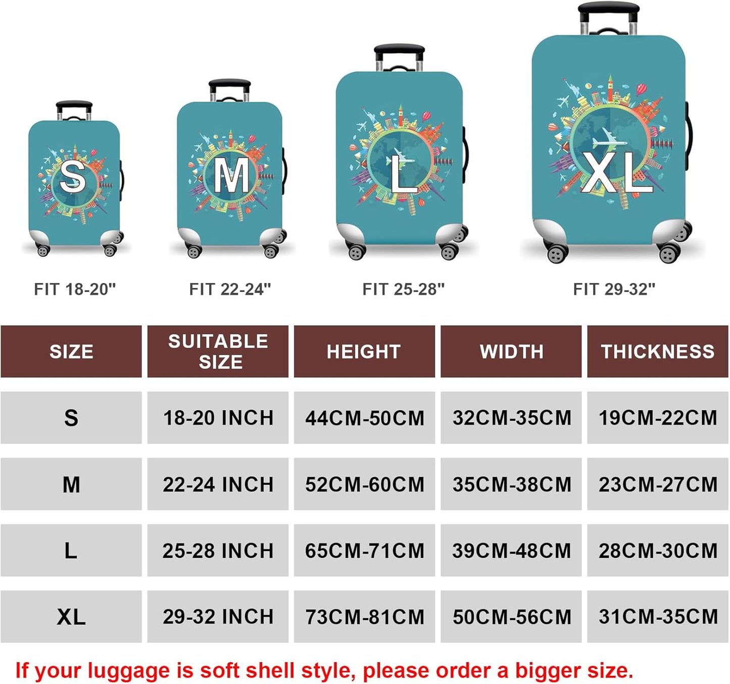 WUJIAONIAO Travel Luggage Cover Baggage Suitcase Cover Protector Skins 18-32 Inch (A15 Go Travel, M (for 22-24 inch luggage))