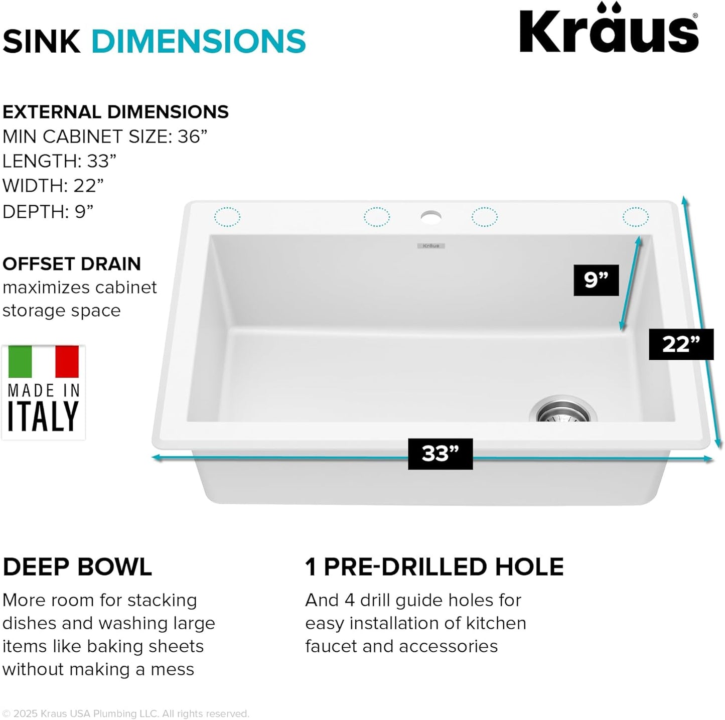 KRAUS Forteza 33-inch Granite Drop In/Undermount Single Bowl White Kitchen Sink, KGD-54WHITE