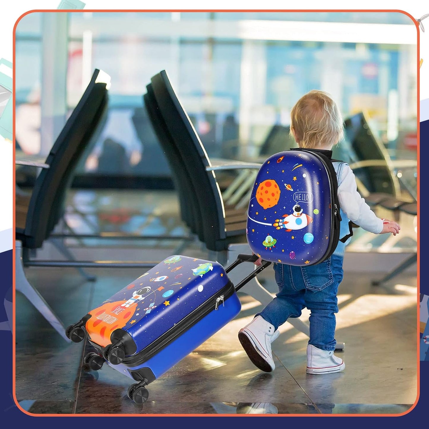 Weewooday Kids Luggage and Backpack 18" Suitcase with Spinner Wheel Hard Case Travel 13" Backpack Girl Suitcase Set for Kids Travel Supplies(Blue,Spaceman Style)